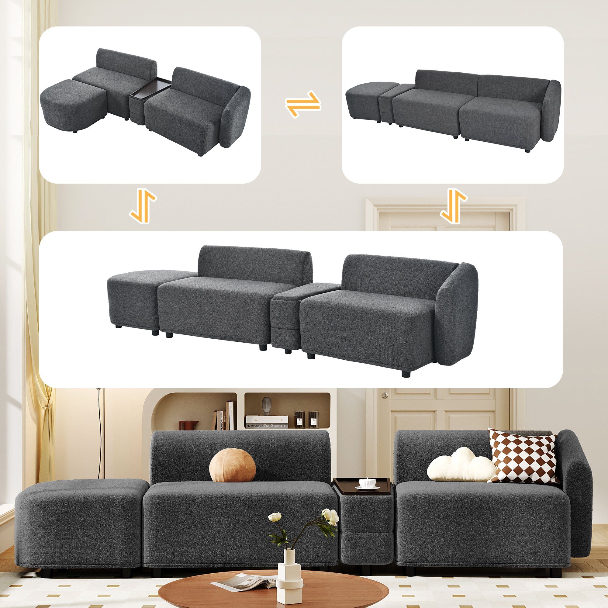 Ulife Loungesofa mit Schlaffunktion, mit Couchtisch-Aufbewahrung, Wohnzimmersofa, Dreisitzer-Sofa, Grau