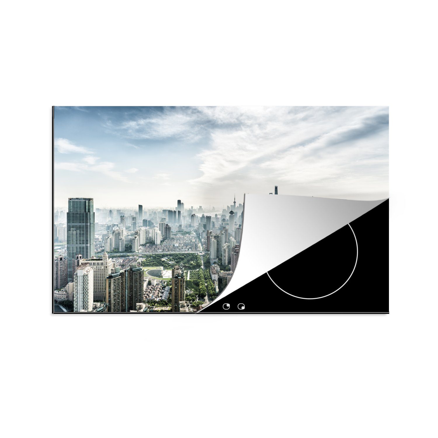 MuchoWow Herdblende-/Abdeckplatte Skyline von Shanghai, Vinyl, (1 tlg), 81x52 cm, Induktionskochfeld Schutz für die küche, Ceranfeldabdeckung