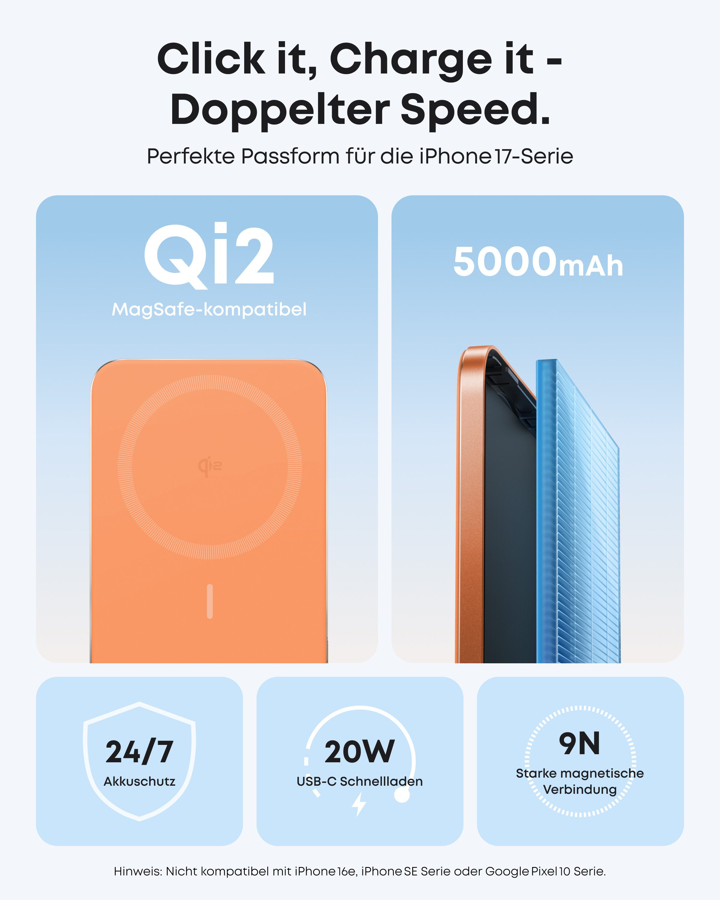 Anker Anker Nano Powerbank, Qi2-zertifiziert, 5000mAh Magnet- Powerbank 15W Max ultraschnelles Laden, MagSafe-kompatibel, tragbares Ladegerät 5000 mAh (5 V), Kabelloses Laden, für iPhone 17/16/15/14/13