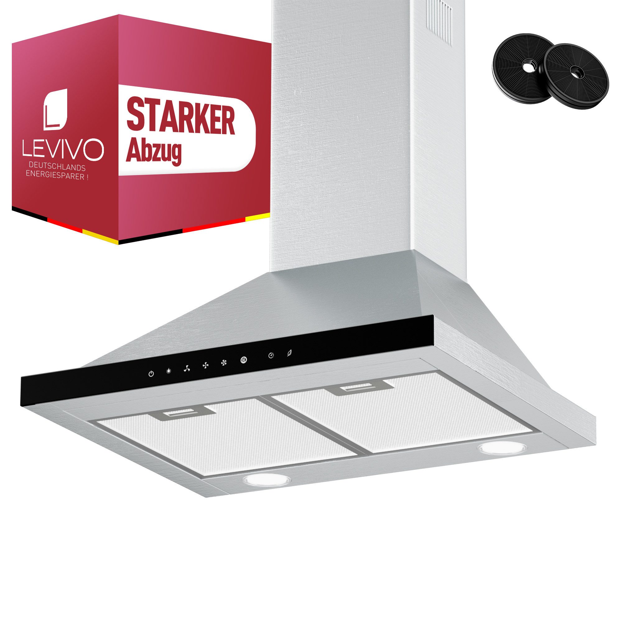 Levivo Wandhaube A+++ Dunstabzugshaube 60cm Umluft & Abluft mit 770 m³/h Aktivkohlefiltern, Fettfiltern, LED-Beleuchtung