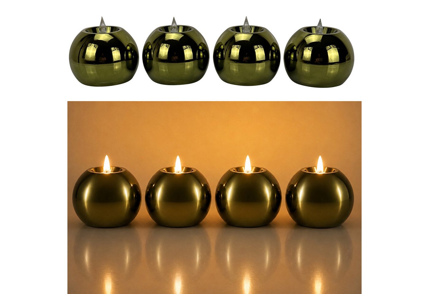 Online-Fuchs LED-Kerze 4 runde Kugelkerzen mit Timer & Spiegeleffekt - Outdoor geeignet, realistische Kerzenflamme aus Acrylglas, warmweiße Beleuchtung, praktische 6-Stunden Timerfunktion enthalten