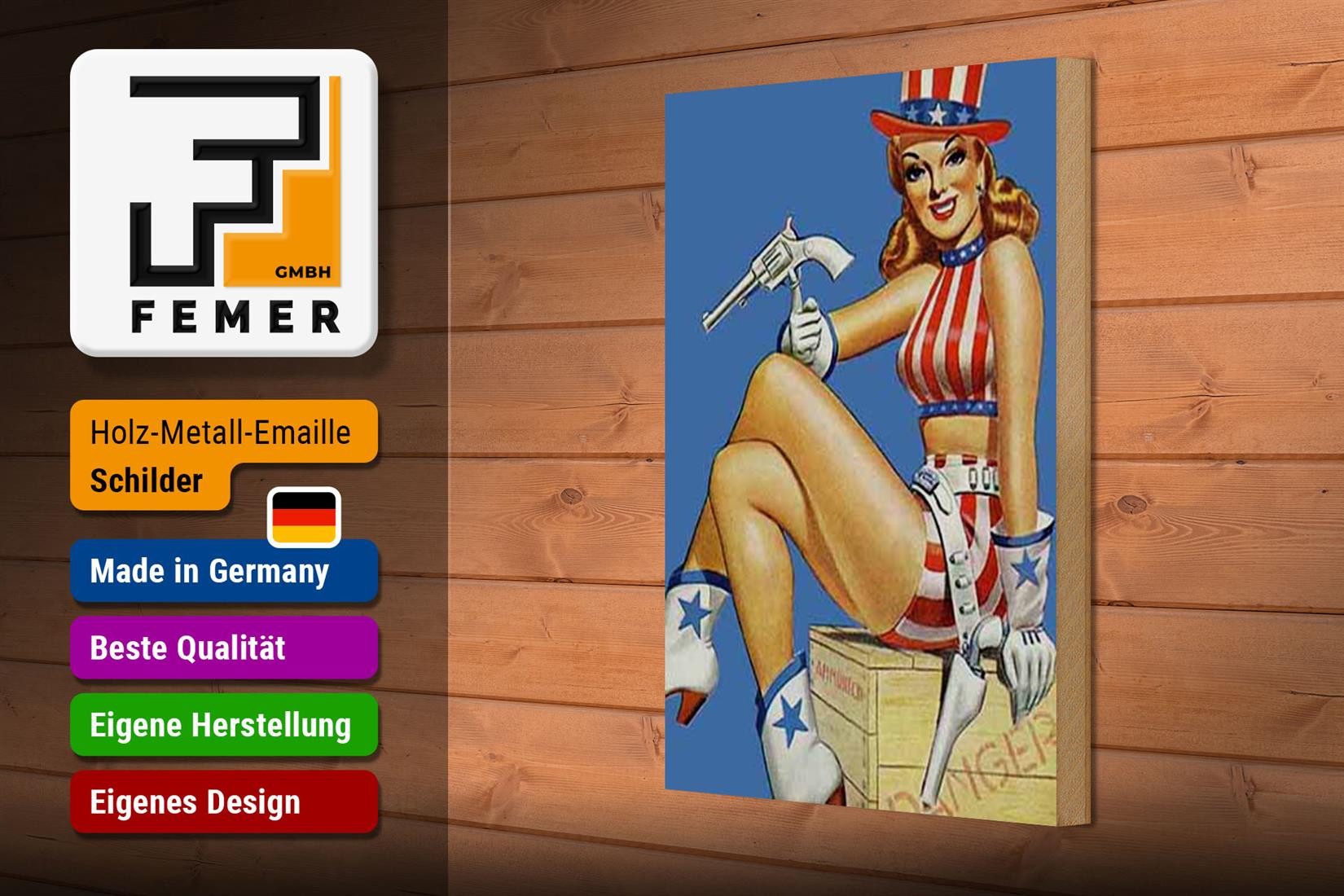 Femer GmbH Holzbild Pin Up 20x30cm danger Cowgirl USA Pistole, Waffen (1 St), Glatte Holzfaserplatte (MDF), vorn beschichtet