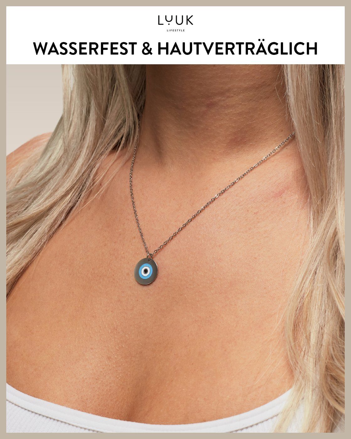 LUUK LIFESTYLE Kette mit Anhänger Evil eye, mit Happiness Spruchkarte, feminin und elegant