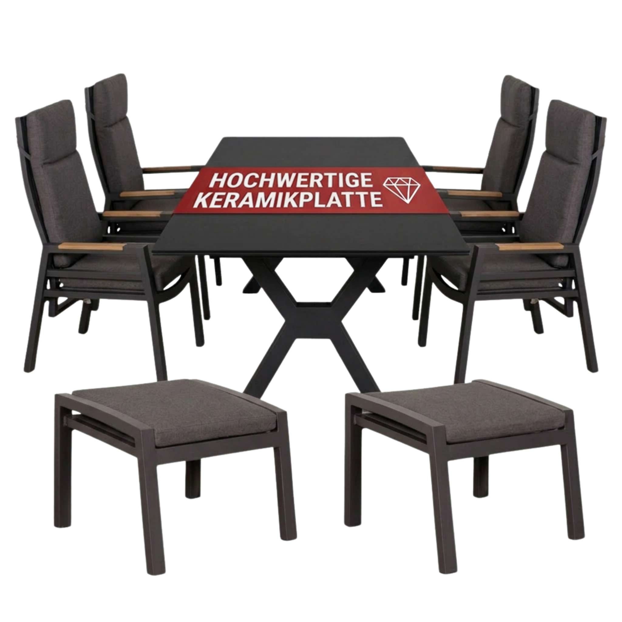 MR.DEKO Garten-Essgruppe Gartentisch Almeria 200x90cm und 4 Verstellbaren Sesseln Sevilla grau, (Gartenmöbelset für 4 Personen mit Tisch und Hockern, 7-tlg., Garten Essgruppe mit Ausziehtisch,Relaxsesseln Und Hockern), Wetterfest mit Keramikplatte, Textillene und Aluminium