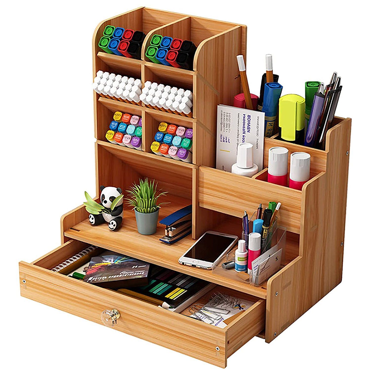 aus Holz mit Schublade Aufbewahrungsbox DE Schreibtisch-Organizer Stifthalter 