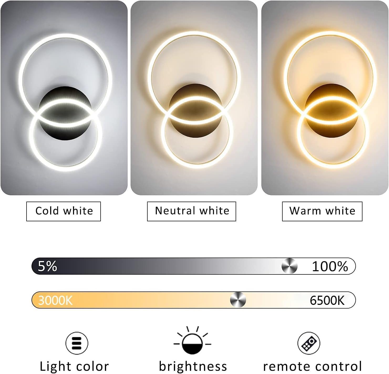 Schwarz Deckenlampe LED LED 45W, ZMH dimmbar Esszimmer Deckenleuchte 2 integriert, fest 59cm Modern Ringe