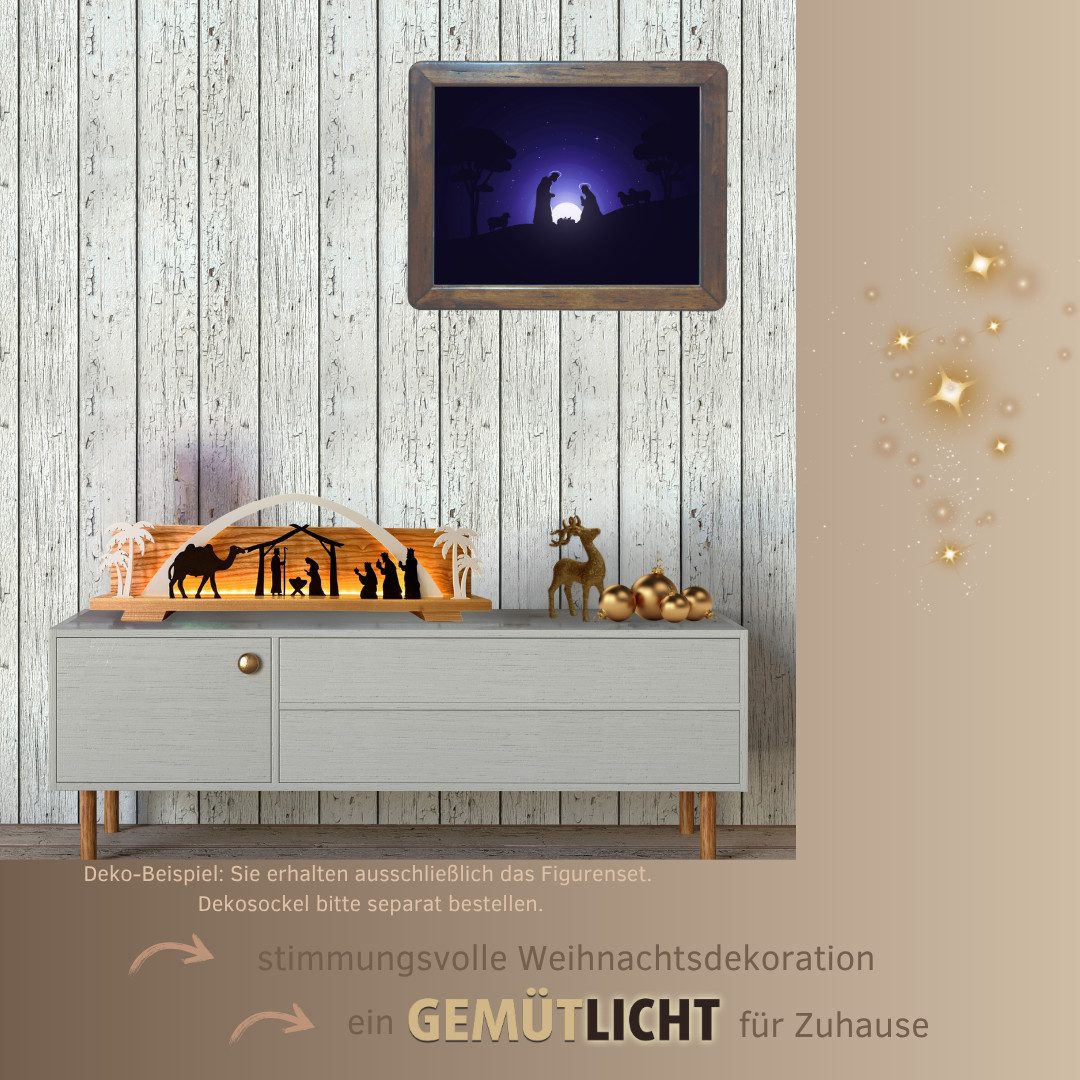 Weigla Dekofigur Figurenset "Christi Geburt" für WEIGLA Dekosockel, aus Holz (Set, 6 St., Bogen, Stall + Heilige Familie, Kamel, 2 Palmen und Heilige 3 Könige), Erzgebirge garantiert, Weihnachtsdeko innen