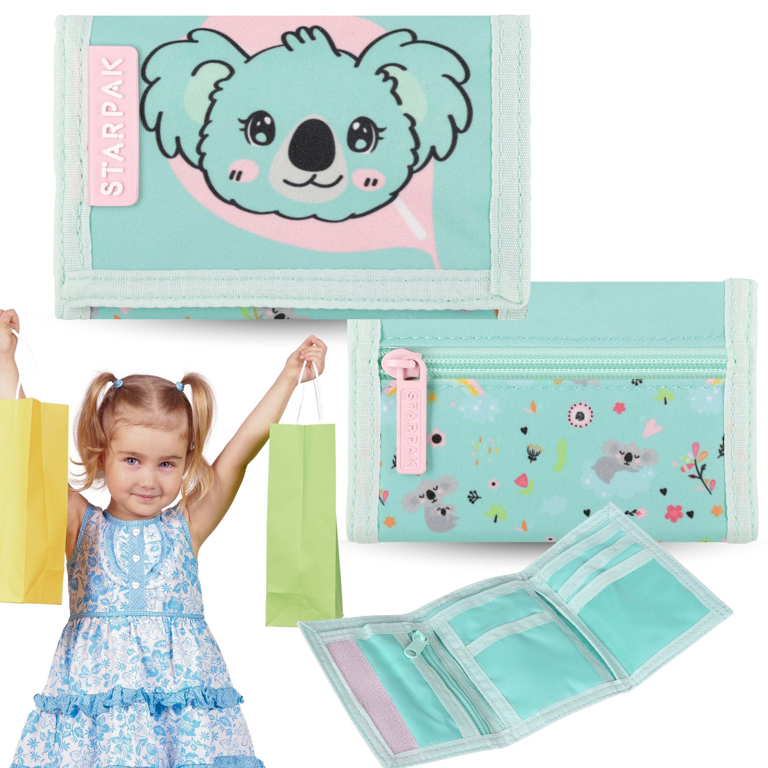 Sarcia.eu Geldbörse Koala Türkis kleines Kinderportemonnaie mit Klettverschluss, 9x14x2 cm