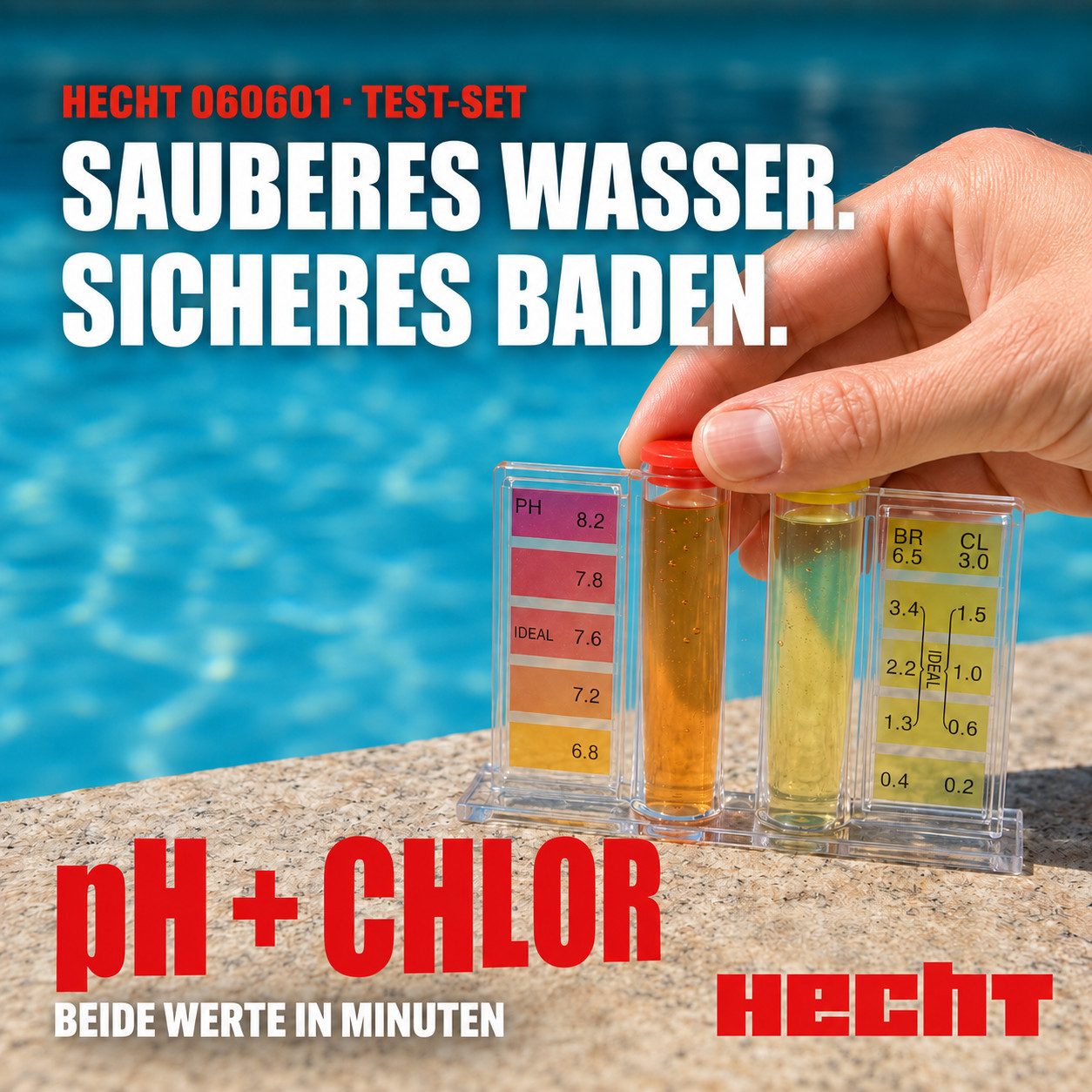 Hecht Pool-Wassertest Schütteltest Chlor- und pH-Wert-Test Wassertester mit Box, für ca. 50 Testdurchläufe