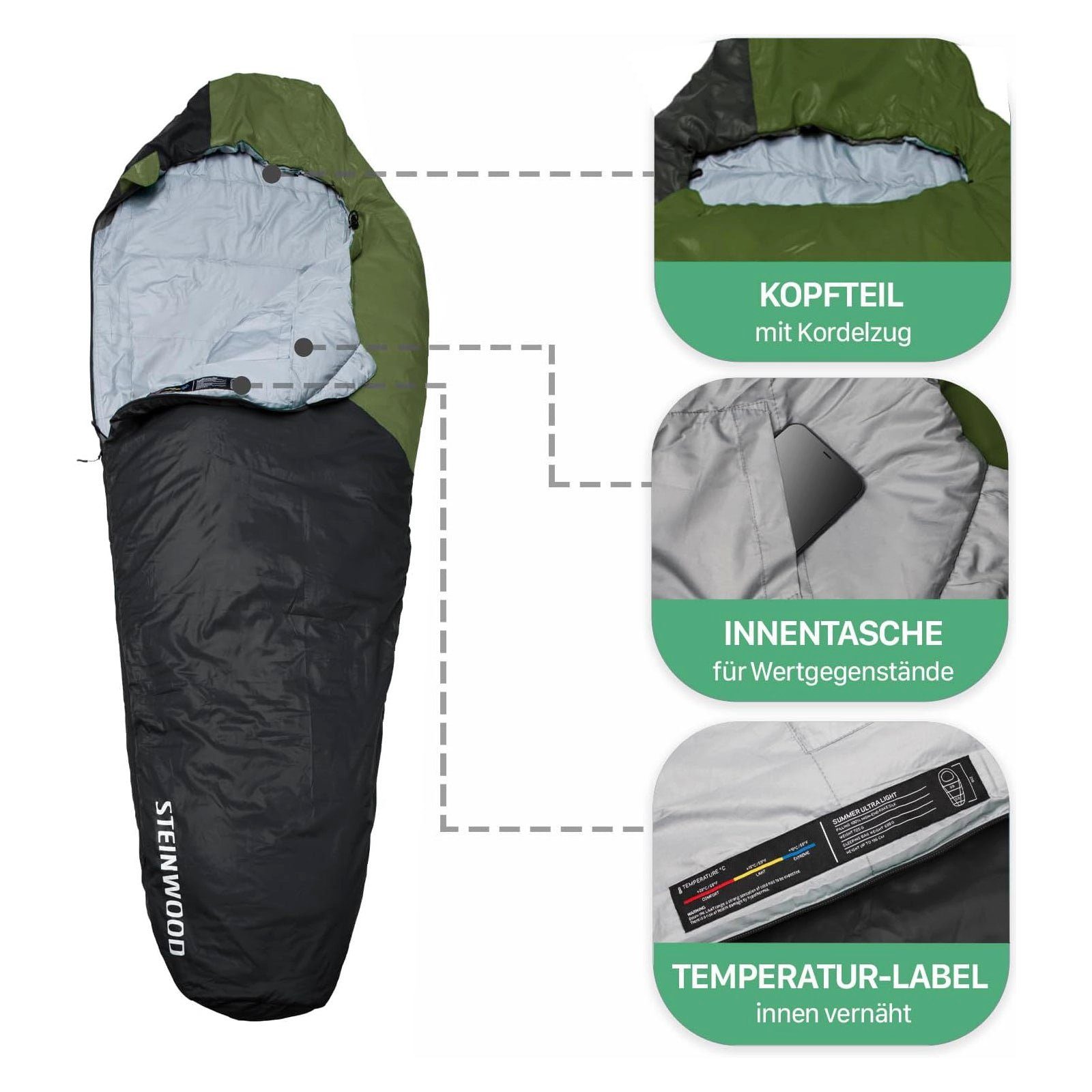 Steinwood Mumienschlafsack Ultra leicht, Schlafsack koppelbar, Camping Schl günstig online kaufen