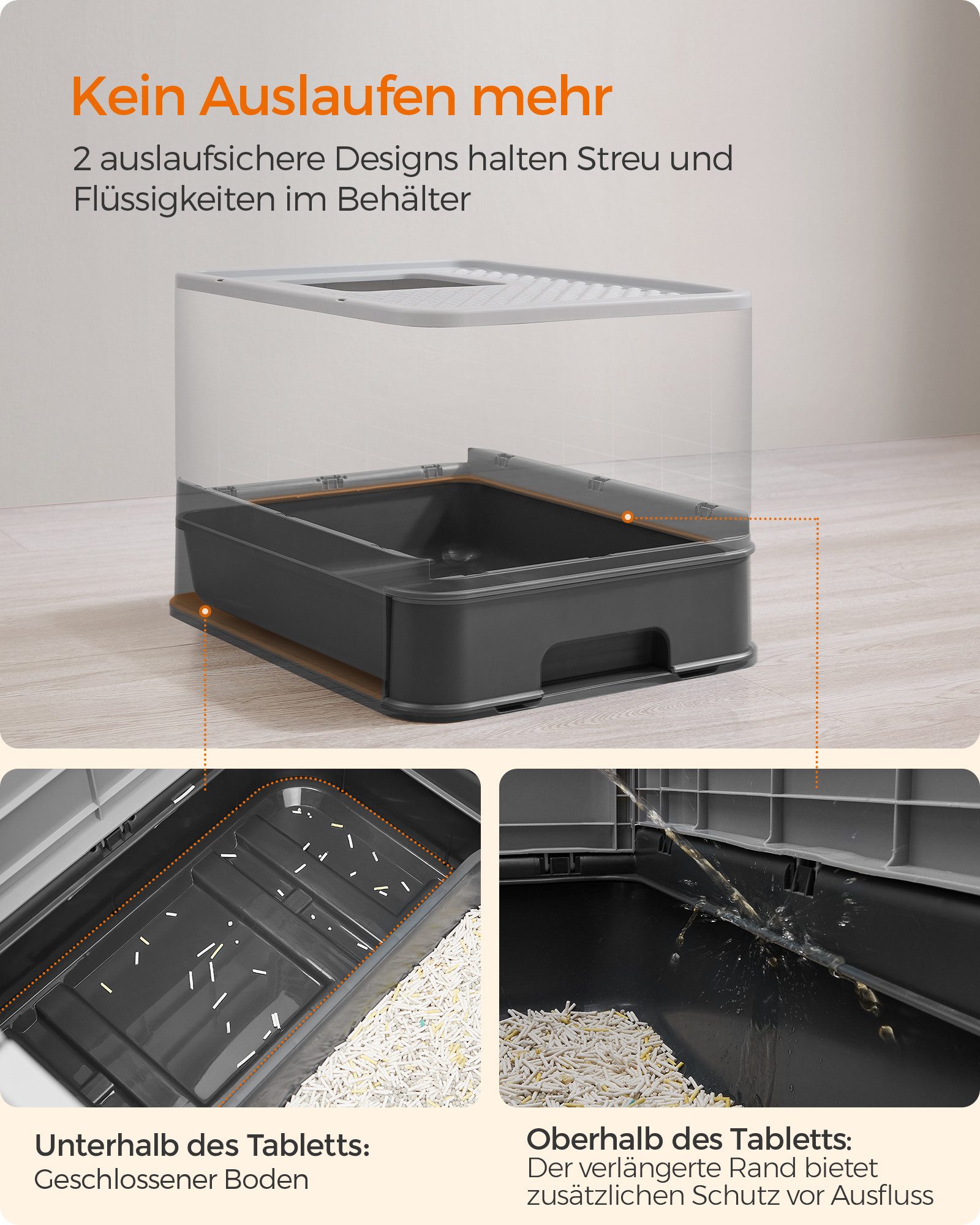 FEANDREA Katzentoilette mit Deckel, mit Tablett, Schaufel und Bürste, Auslaufsicherer Boden, für Katzen bis 15 kg, 1er/2er Set