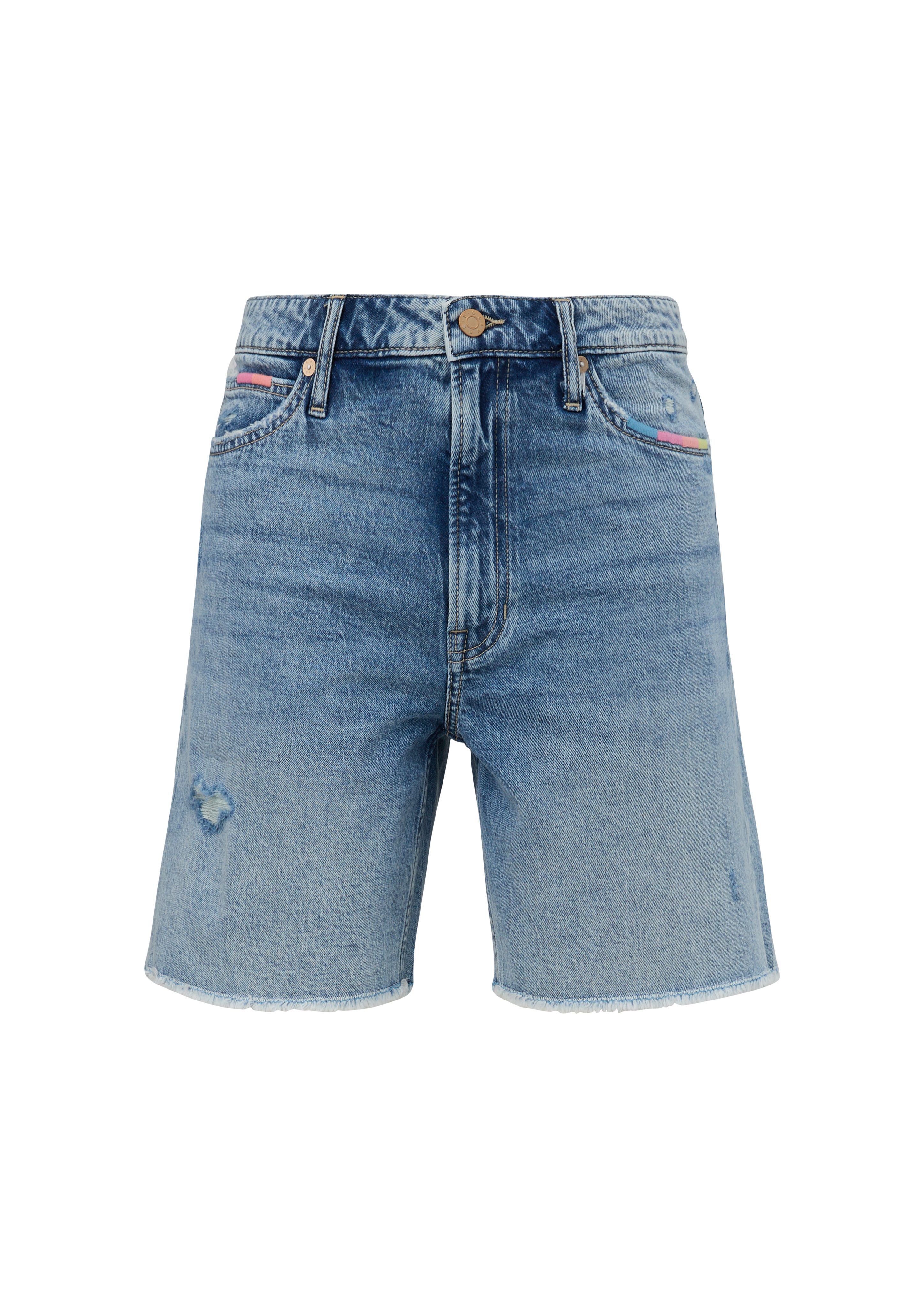 s.Oliver Jeansshorts Jeans-Shorts / Relaxed Destroyes, Waschung, Leg / Fit Mid Straight Rise Kontrast-Details 