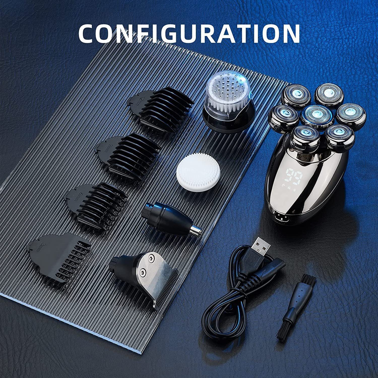 autolock Elektrorasierer 5 in 1 Kopfrasierer,Rasierapparat Nass und Trockenrasierer, ausklappbarer Langhaarschneider, LED Anzeige Bart Nasenhaartrimmer Gesichtsbürste Pflege Kit