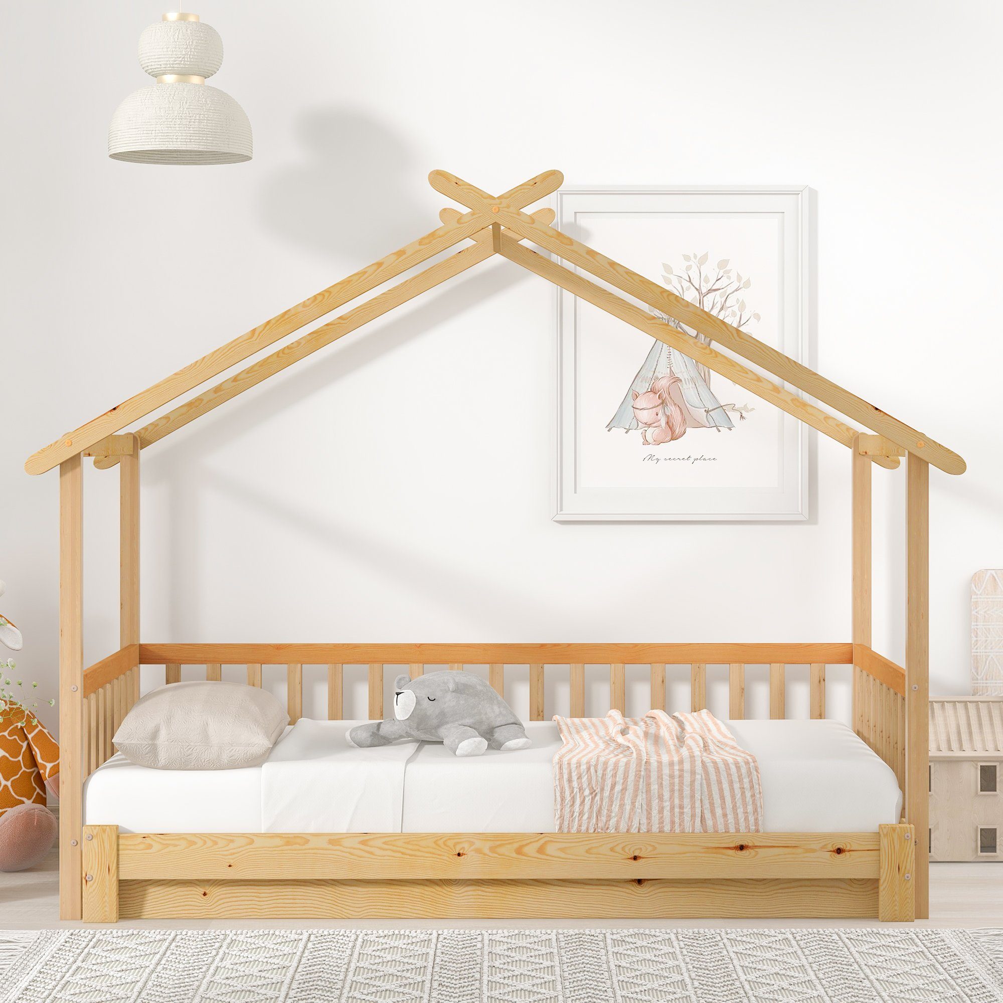 Massivholzbett (Einzelbett Hausbett), Erweiterbares Kinderbett, 90*200cm/180*200cm, aus massivem Kiefernholz