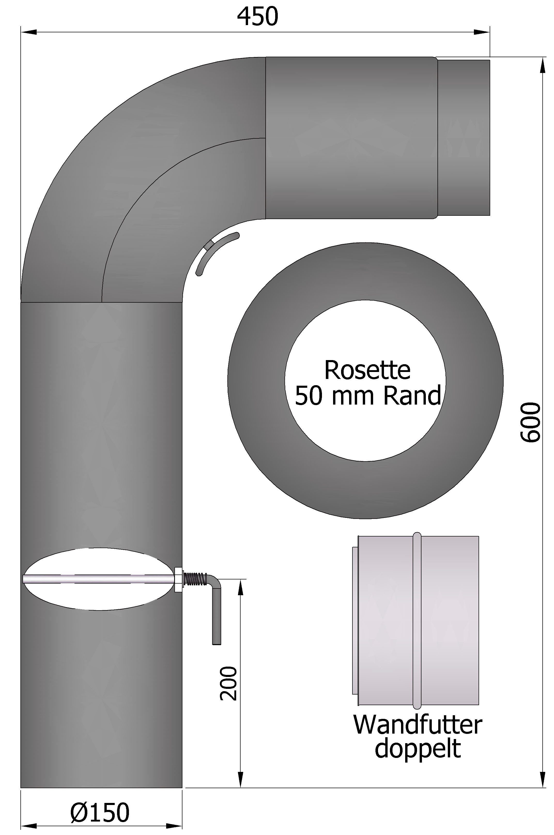 90 cm, Bogen, mm, 3-tlg), 150 °, 60 grau (Set, Heathus Ofenrohr,