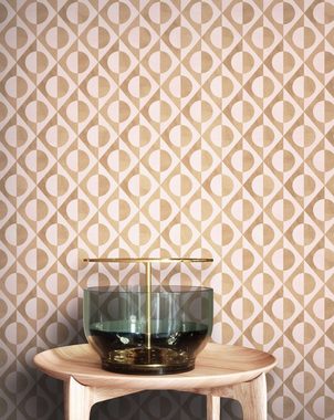 Newroom Vliestapete, Rosa Tapete Modern Kreise - Mustertapete Retrotapete Gold Retro Geometrisch Grafik Muster für Wohnzimmer Schlafzimmer Küche