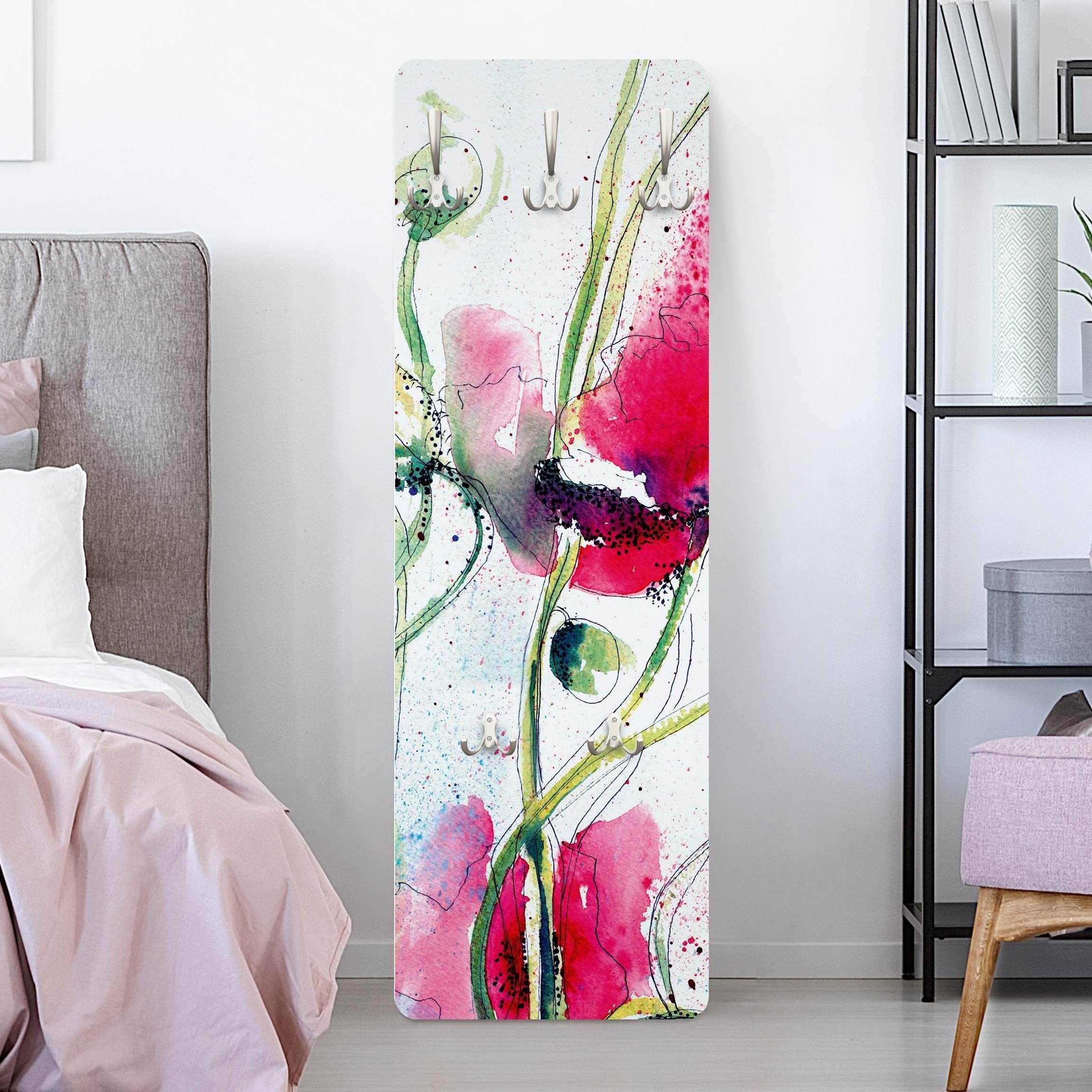 Bilderdepot24 Garderobenpaneel violett Blumen Floral Kunst Aquarell Painted Poppies Design (ausgefallenes Flur Wandpaneel mit Garderobenhaken Kleiderhaken hängend), moderne Wandgarderobe - Flurgarderobe im schmalen Hakenpaneel Design