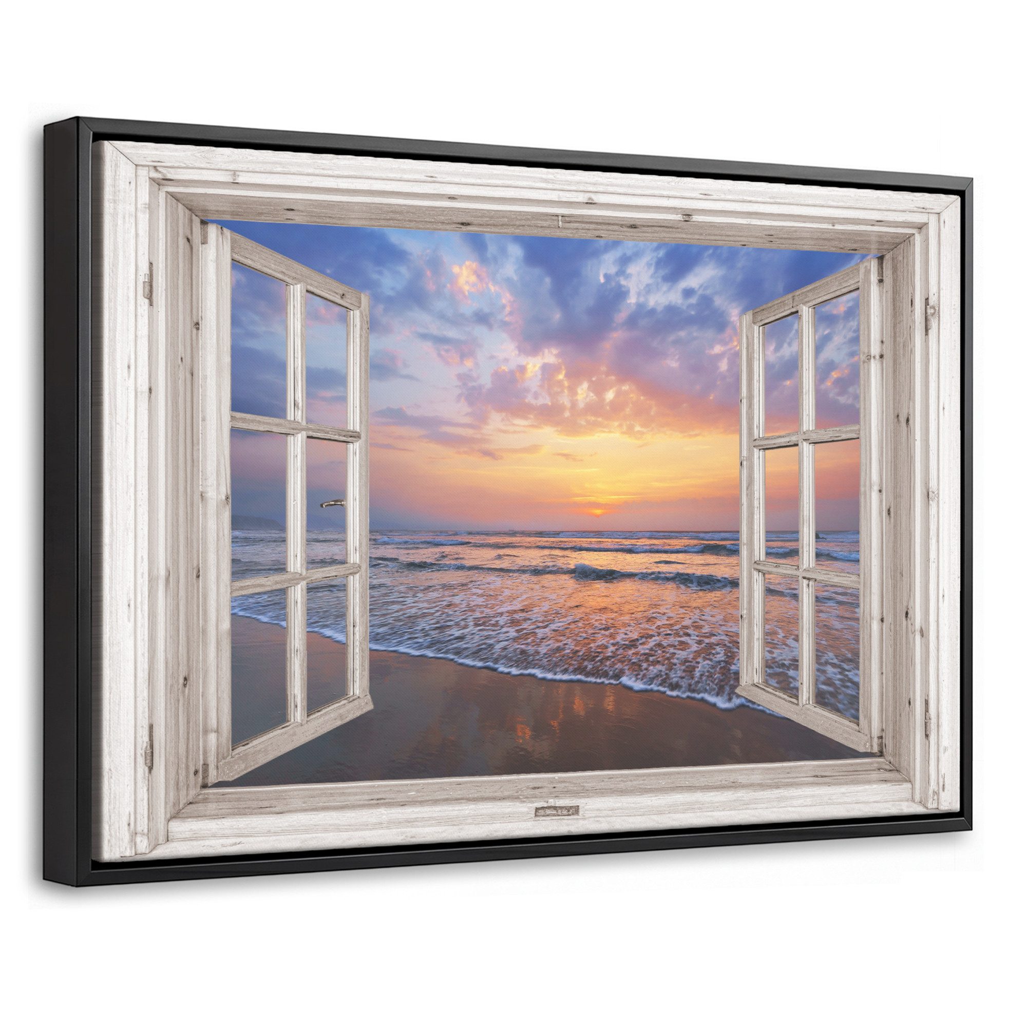 OneMillionCanvasses® Leinwandbild mit Rahmen - Aussicht - Meer - Strand - Sonnenuntergang - Blau, Fotodruck (1 St), Bilder, Zimmer Wand Bild Dekoration 30x20cm