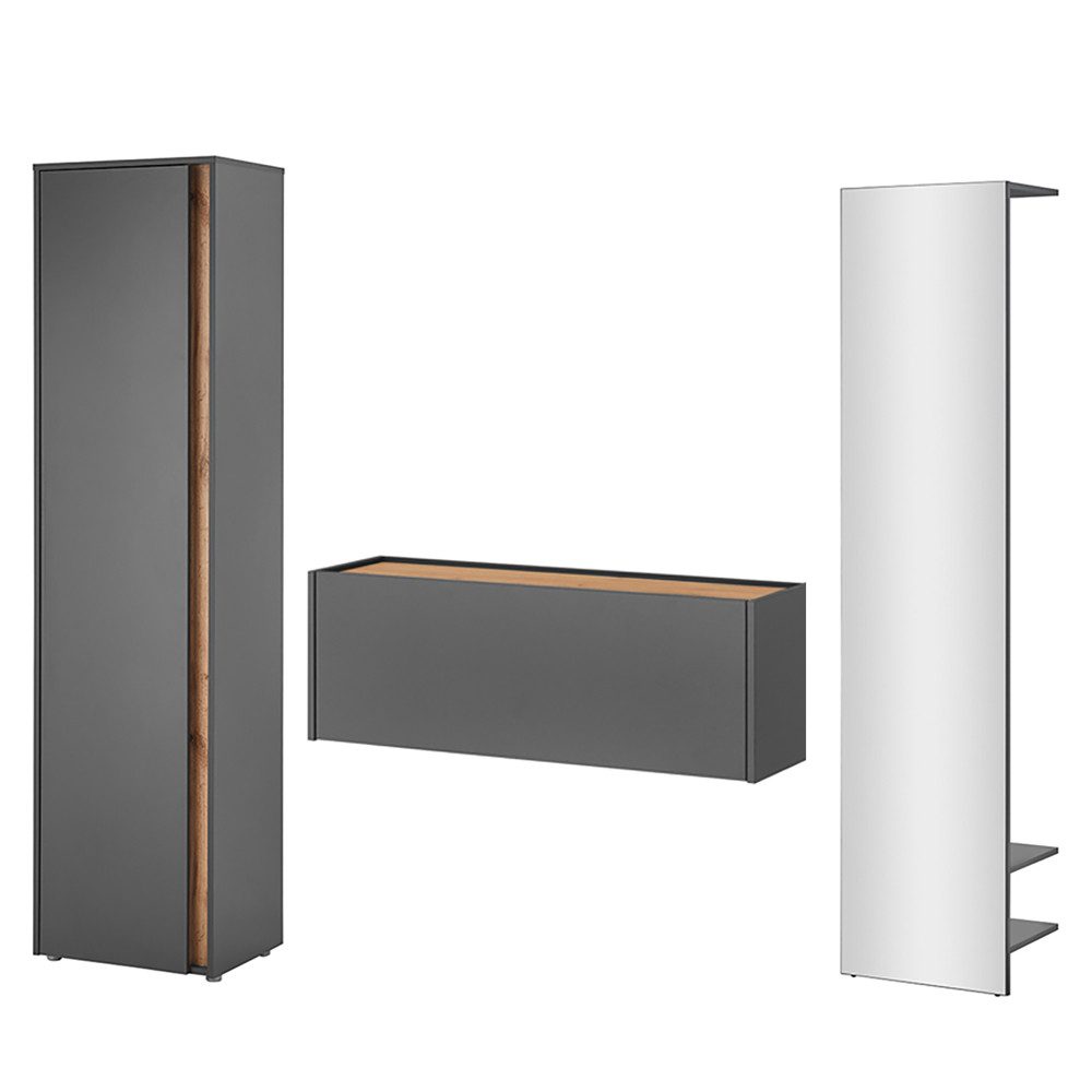 Lomadox Garderoben-Set CRISP-61, (Spar-Set, 3-St., Garderobenpaneel Hängeschrank Garderobenschrank), Anthrazit mit Eiche, griffloses Design, modern, Spiegelfläche