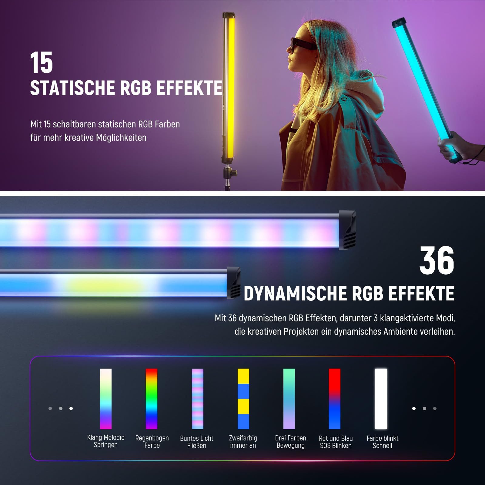 Neewer Videoleuchte SL50 50cm Magnetisch RGB Lichtstab, CRI95 dimmbarer 14W, 4000mAh Akku, LED Video Tube Videolicht Stick, 51 RGB Modi, für Aufnahme Streaming – Bild 4 von 5