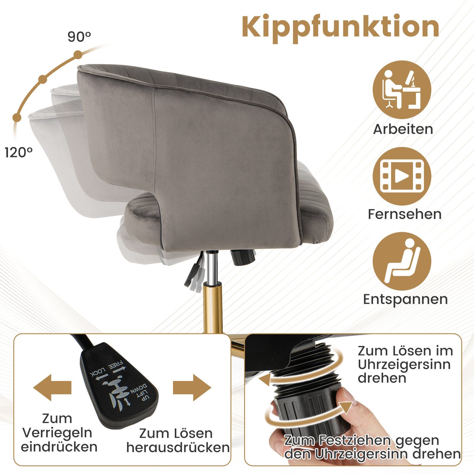 COSTWAY Ohrensessel, Samt, drehbar, mit Rollen&Kippfunktion, höhenverstellbar