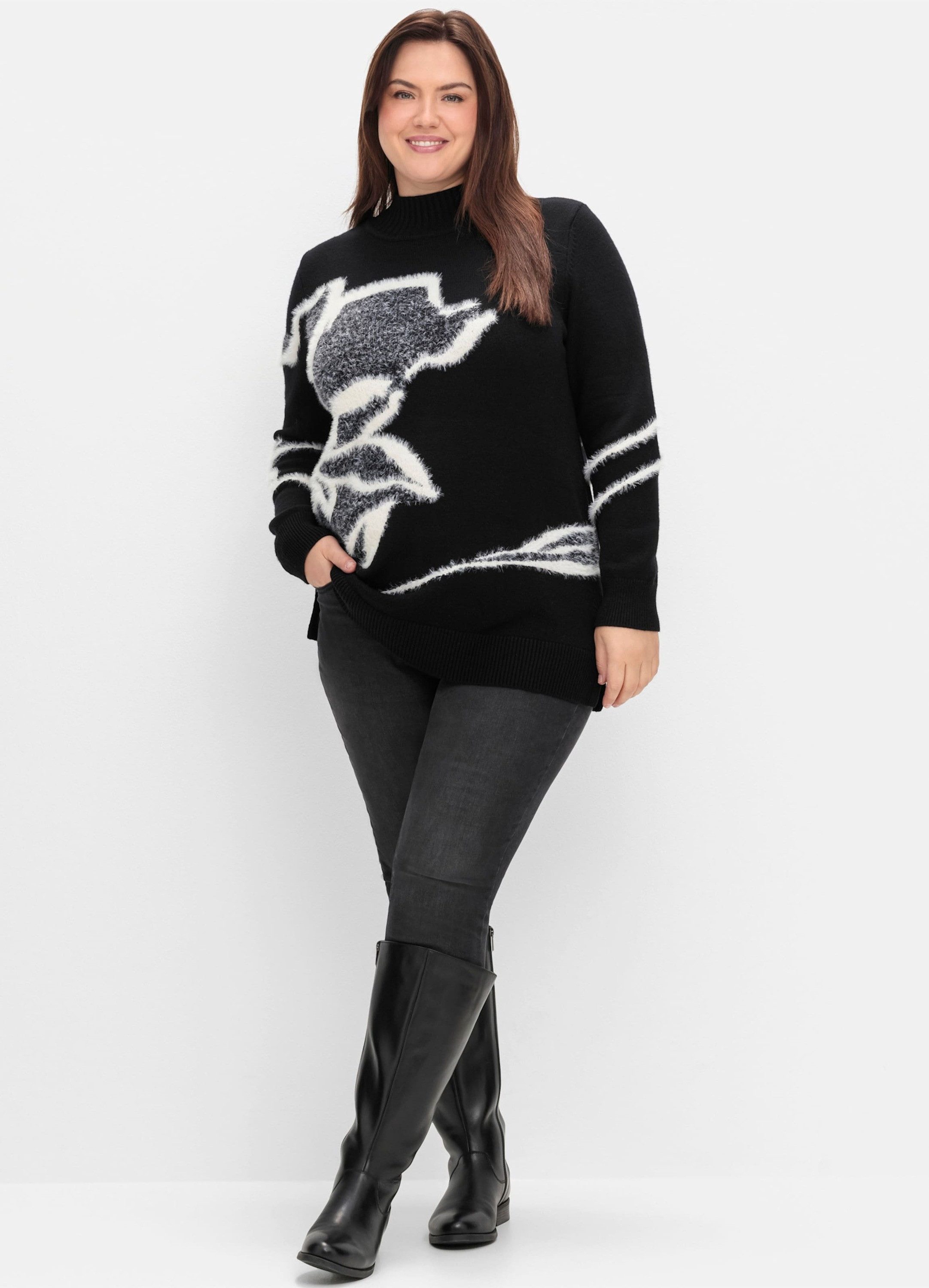 Sheego Strickpullover Stehkragenpullover Langarm Grobstrick mit Intarsienmu günstig online kaufen