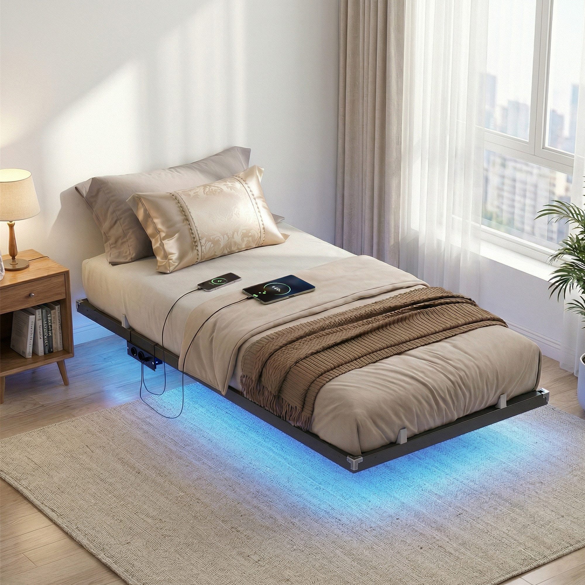 VASAGLE Bettgestell, Bettgestell mit LED-Beleuchtung, USB-C-Anschluss, Steckdosenleiste