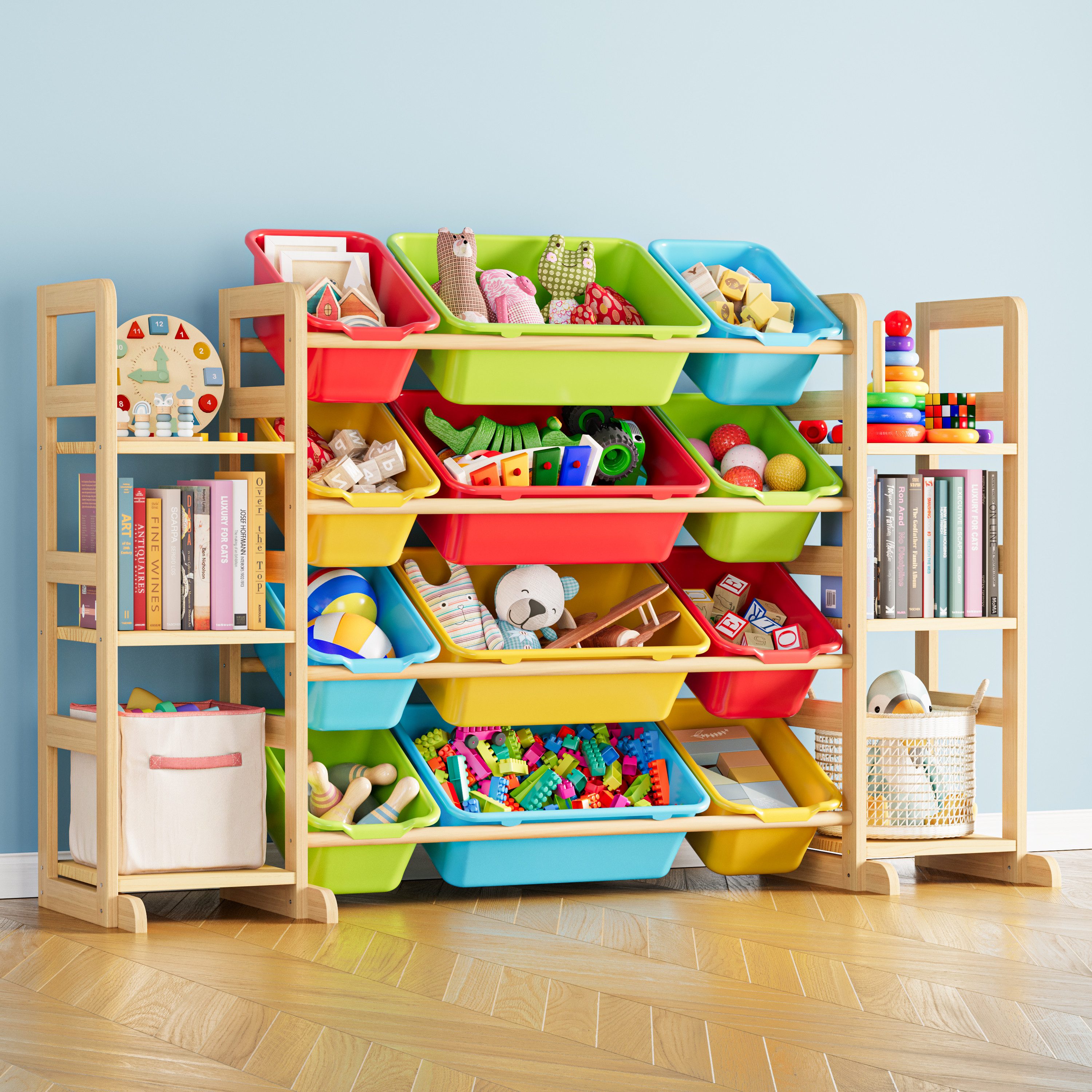 SpaceAid Kinderregal Spielzeug Regal, mit 6 Regalen und 12 Behältern, Bücherregal Kinder