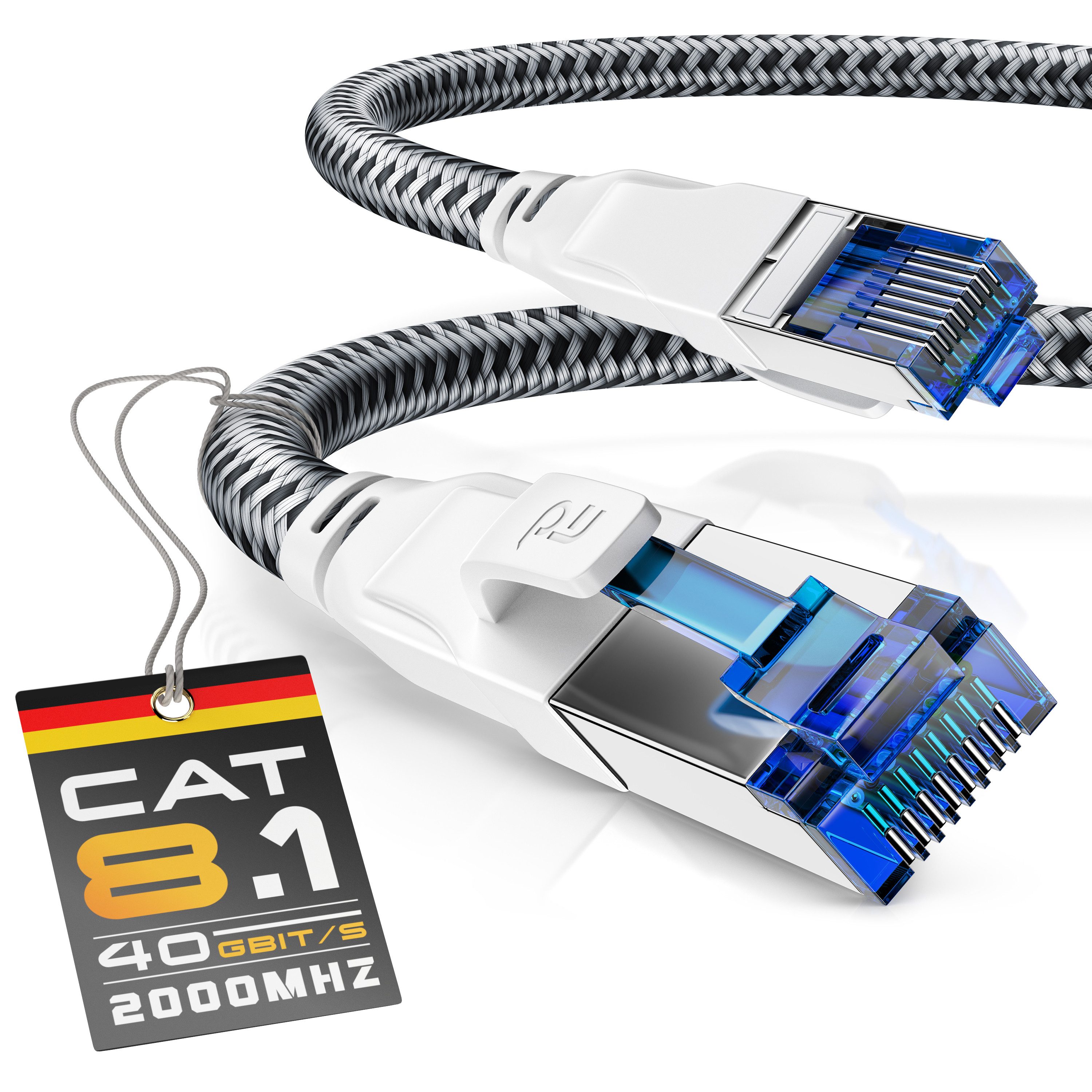 Primewire Patchkabel CAT 8, Baumwollummantelung, Netzwerkkabel 40 Gbit/s - 0,25m LAN-Kabel, CAT.8, RJ-45 (Ethernet) (25 cm), für Router, Modem, Switch, PC, ideal für Gaming, Streaming, Homeoffice