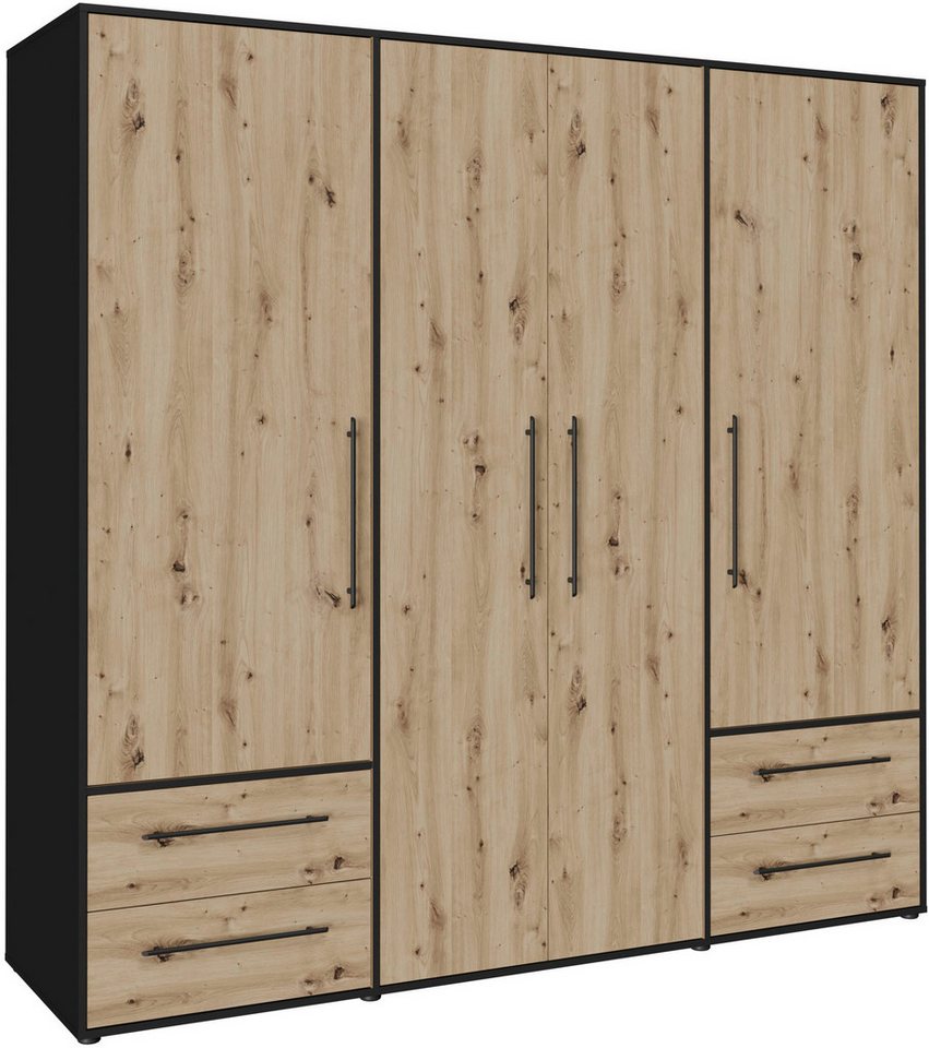 FORTE Kleiderschrank Mokkaris, Garderobe, zeitloses Design, 4 Türen, Made in Europe (B/H/T ca. 206x200x59cm) 4 Schubladen + schwarze Stangengriffe, Made in Europe, viel Stauraum