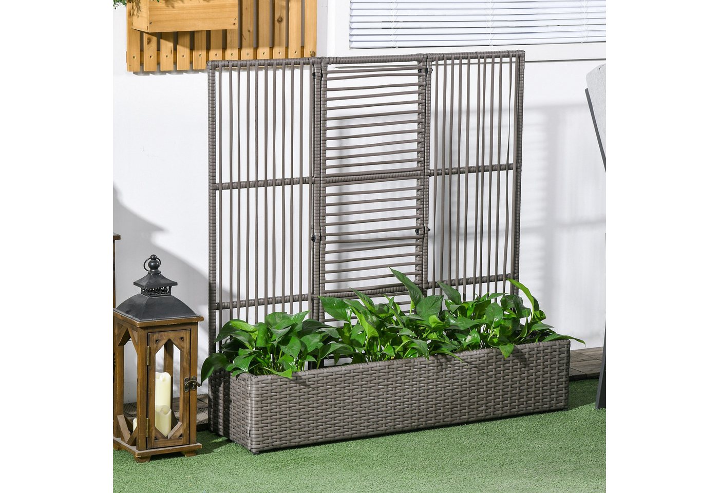Outsunny Hochbeet mit Rankgitter, in Rattan-Optik (Blumenkasten, 1 St., Pflanzkasten), für Garten, Balkon, 103 x 29 x 103 cm Grau
