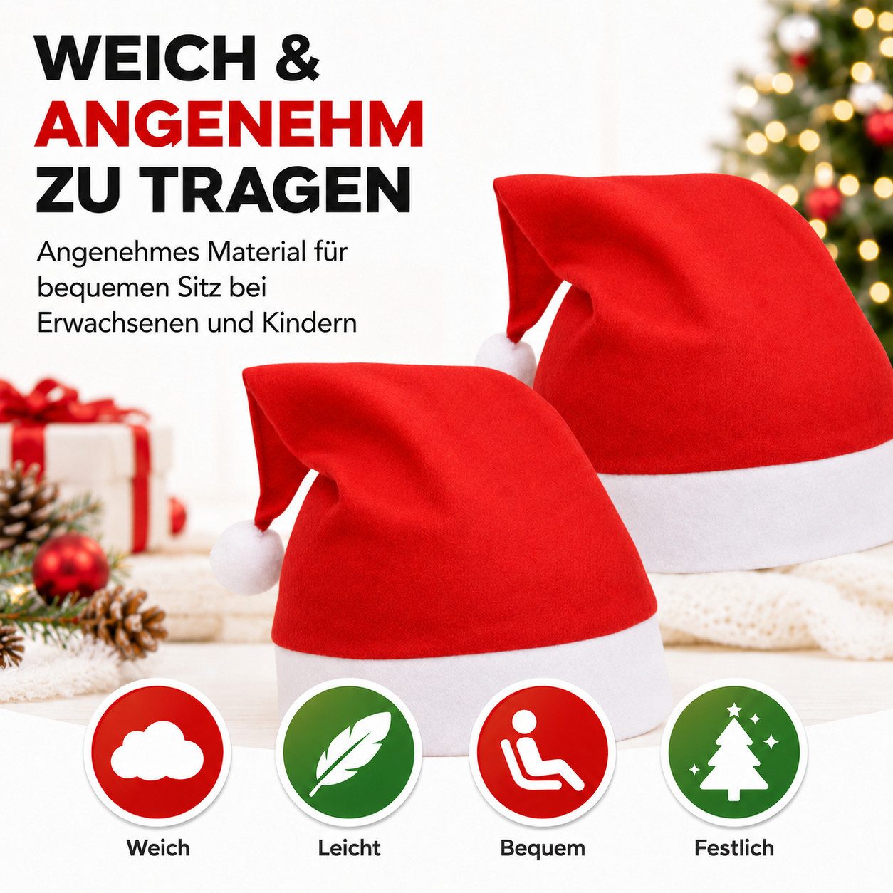 Weihnachtswunder® Bommelmütze 2er Samt Weihnachtsmütze Nikolausmütze rot - Weihnachten (2er Set, 2 Stück) weicher Samt