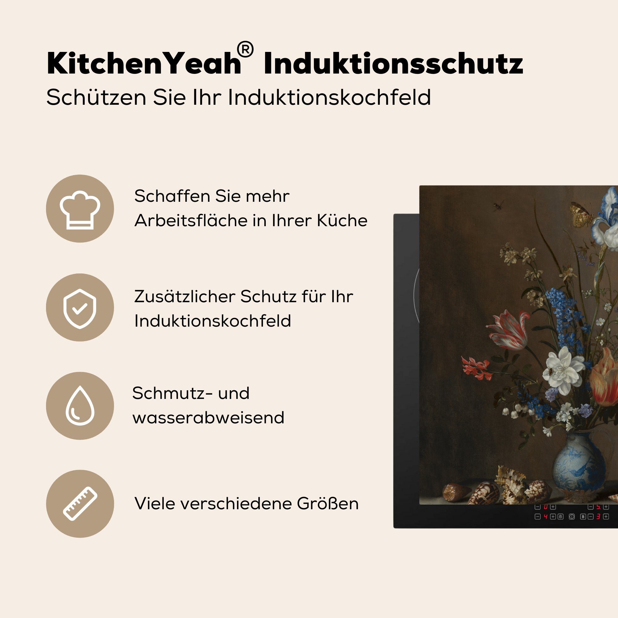 MuchoWow Herdblende-/Abdeckplatte - tlg), Muscheln von (1 cm, Gemälde Balthasar Arbeitsplatte Wan-Li-Vase einer küche Vinyl, Ceranfeldabdeckung, in und Blumen für 78x78 van