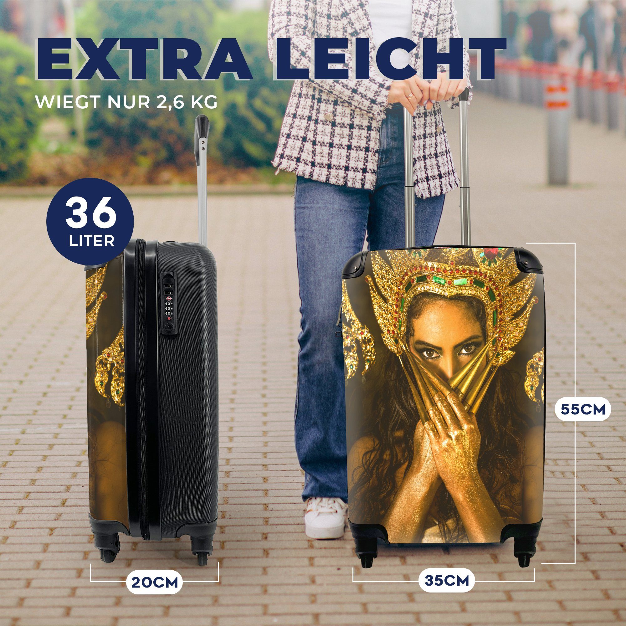 MuchoWow Handgepäckkoffer Frau Reisetasche für Reisekoffer mit Handgepäck - Gold Trolley, rollen, - Krone, Ferien, Rollen, 4