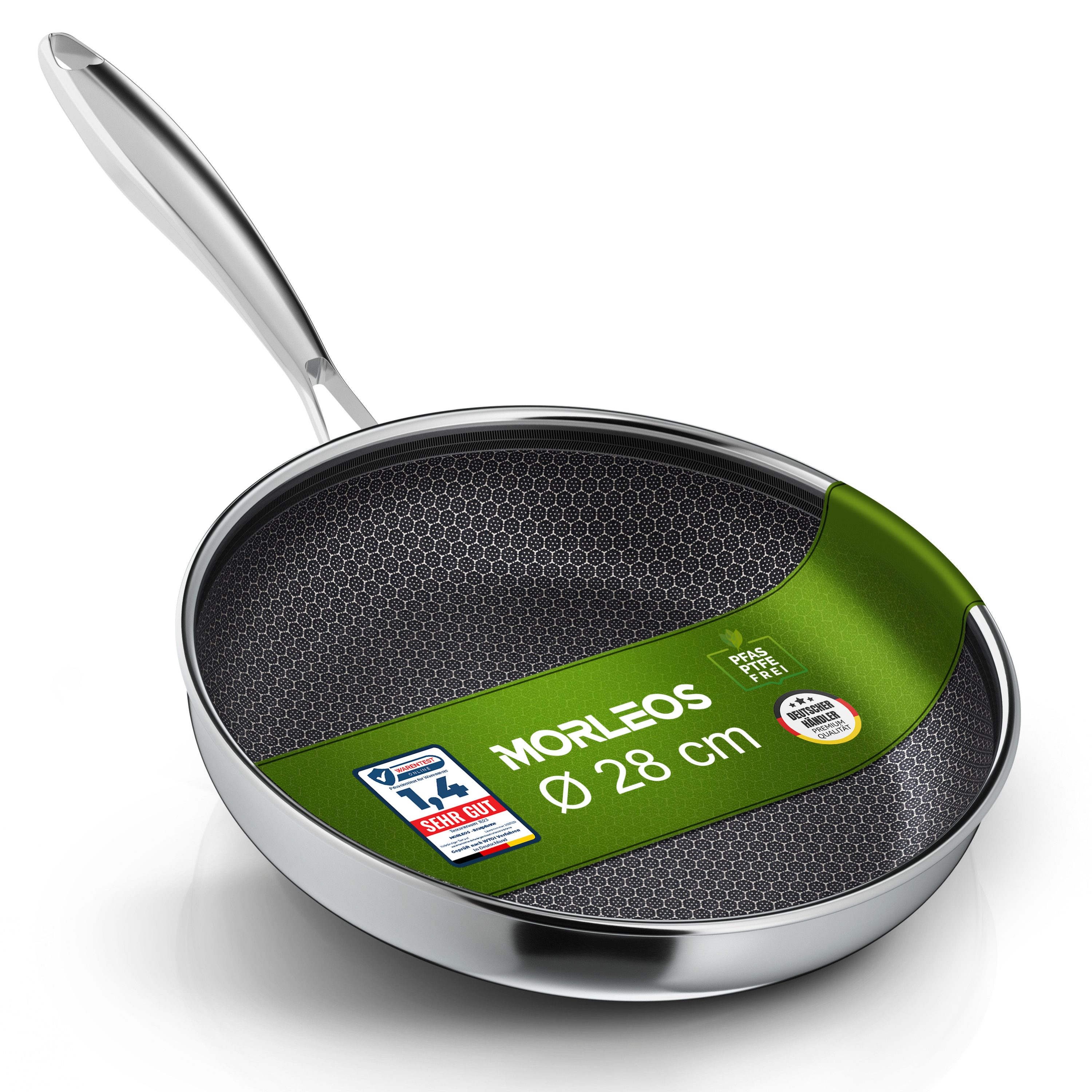Morleos Bratpfanne Keramikpfanne Ø 28cm Kratzfeste Wabenpfanne Antihaft, Edelstahl (1-tlg., Pro Performance 3.0), 5-Schicht, 3mm, 1,35kg, backofenfest, spülmaschinengeeignet, Antihaft
