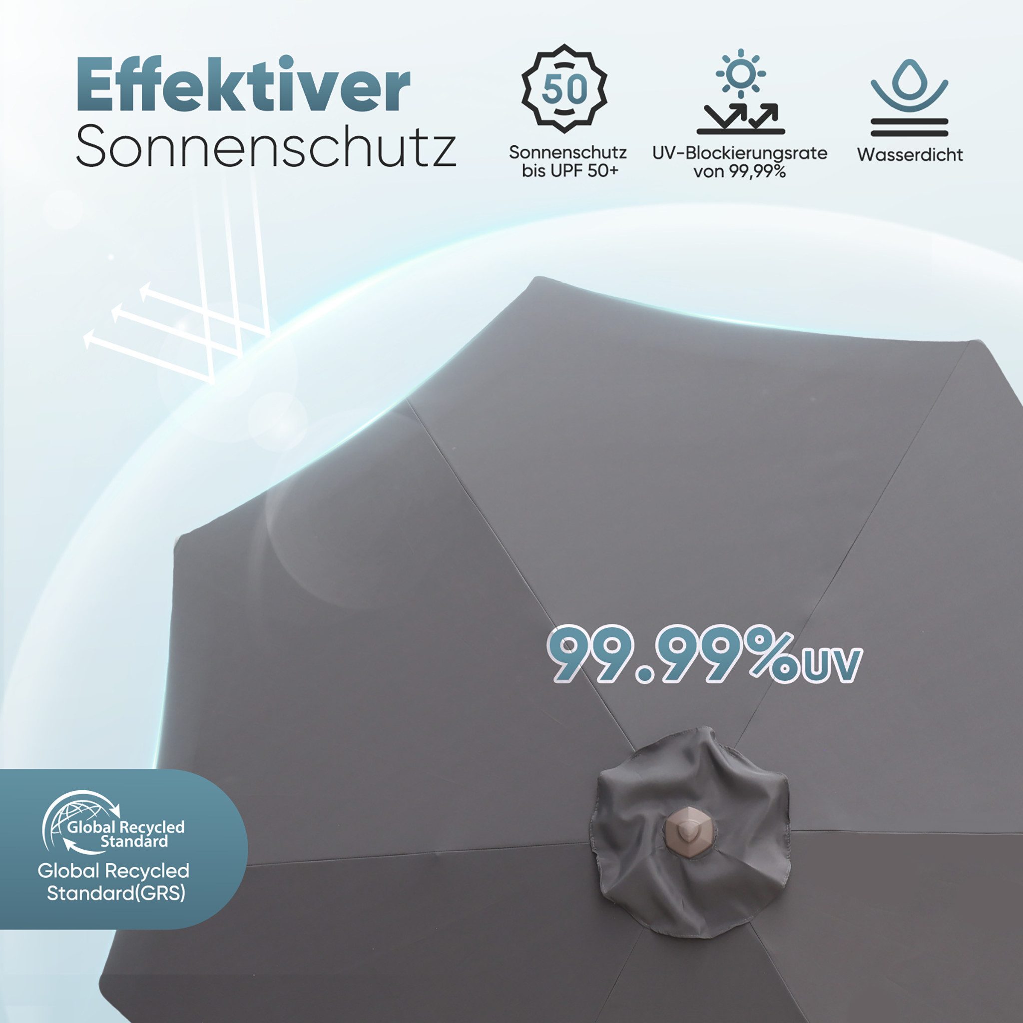 Sekey Sonnenschirm ø 200/270/300 cm Gartenschirm Rund, Marktschirm Knickbar, mit Kurbel, LxB: 270x300 cm, sonnenschirm 270cm, Neigungswinkel, für Balkon Garten, UV 50+