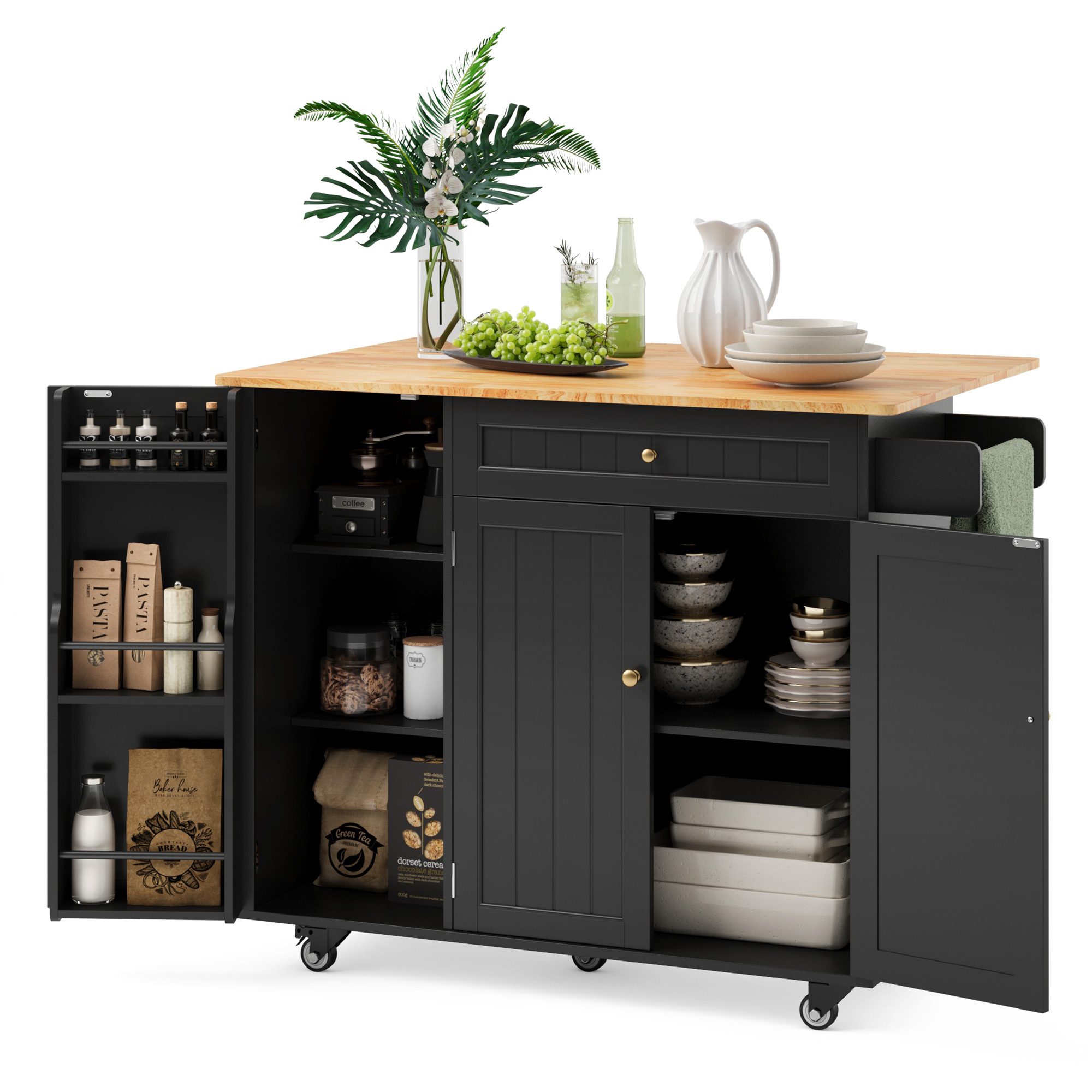 Blishom Küchenwagen Kücheninsel mit Rollen, Klappplatte, 130×75×88 cm, mit Schublade, Gewürzregal und feststellbaren Rollen