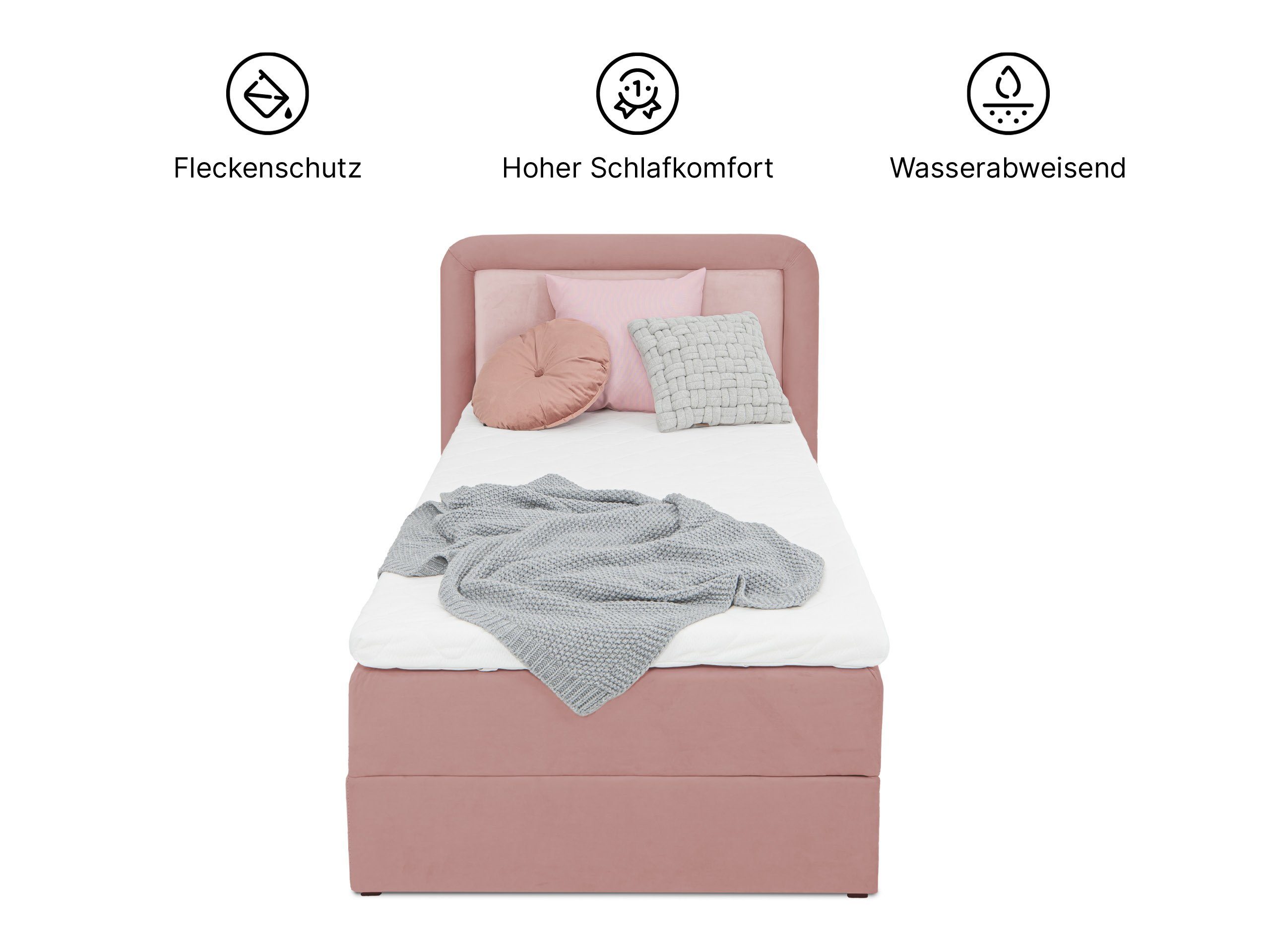 rosa Kinderbett 90x200 mit 1, Bettkasten und Silea Topper cm Mädchenbett wonello