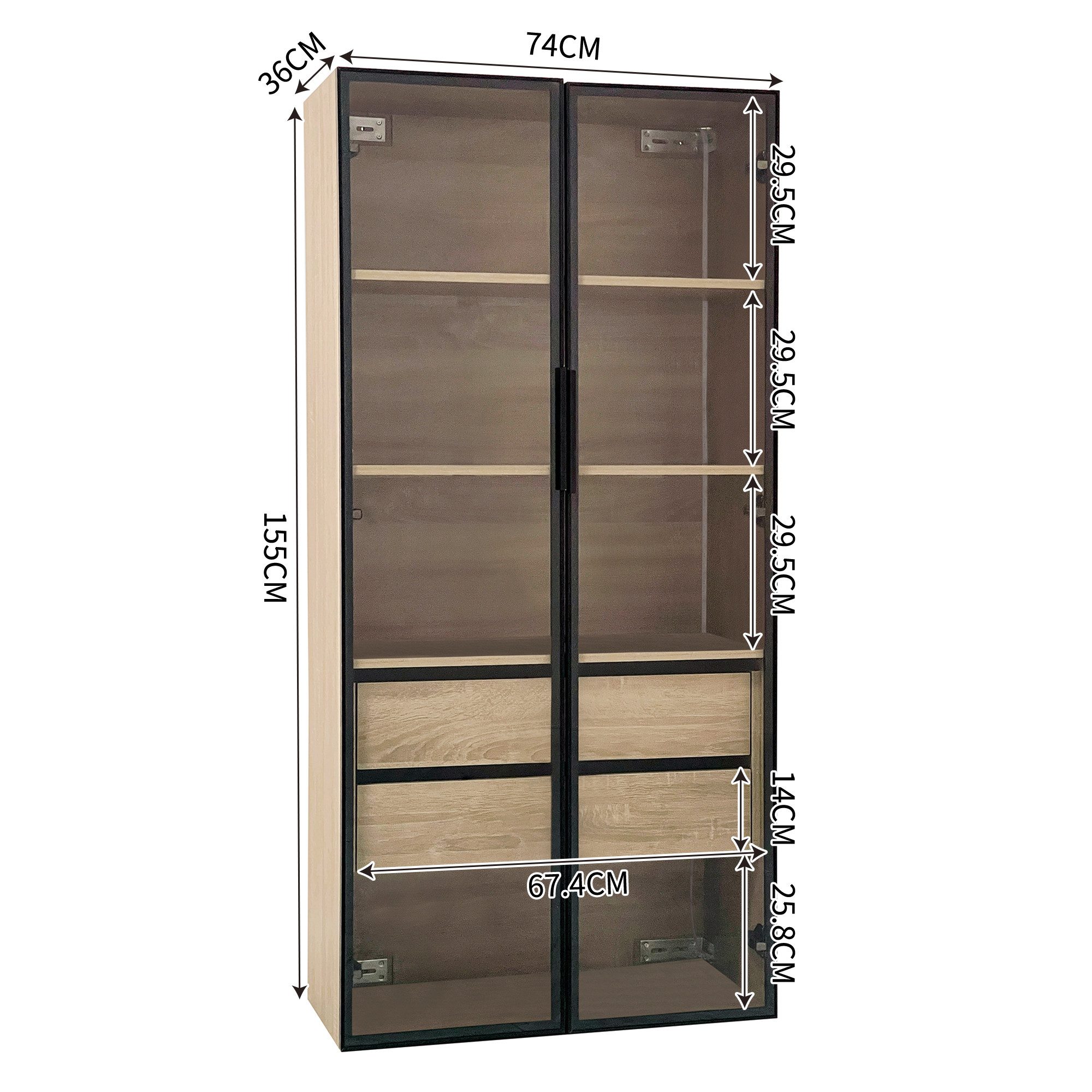 Flieks Vitrine Glasvitrine mit LED-Beleuchtung und 4 Fächern Hochschrank (1-St., B74/T36/H155 cm) Wohnzimmerschrank mit Schubladen und Glastüren Sammlervitrine – Bild 4 von 5