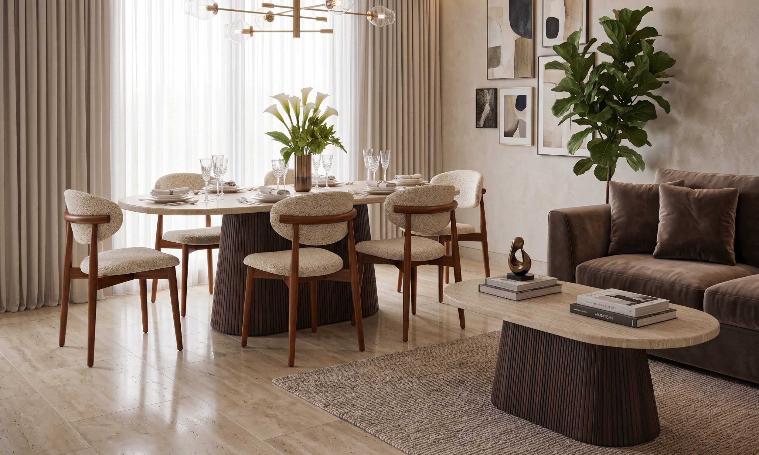 alesvelt Esstisch & Couchtisch Design Set im Säulenstil Travertin-Optik (2er-Set), 200x100x75cm, 130x70x45cm, edle Travertin-Optik, massive Tischplatte