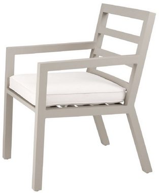 Casa Padrino Esszimmerstuhl Luxus Esszimmerstuhl mit Armlehnen Sandfarben / Weiß 56 x 66,5 x H. 87 cm - Wetterbeständiger Aluminium Stuhl mit Sitzkissen - Garten Terrassen Stuhl - Luxus Qualität