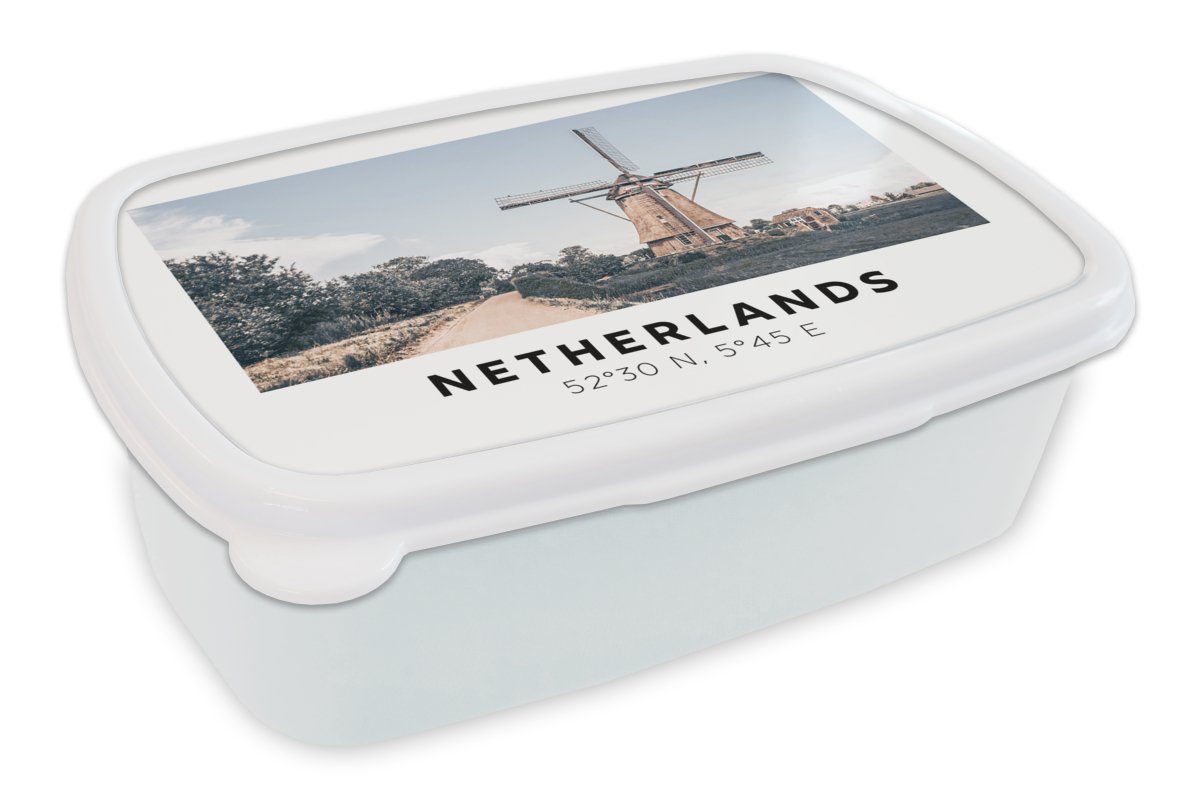 MuchoWow Lunchbox Niederlande - Windmühle - Sommer, Kunststoff, (2-tlg), Brotbox für Kinder und Erwachsene, Brotdose, für Jungs und Mädchen weiß