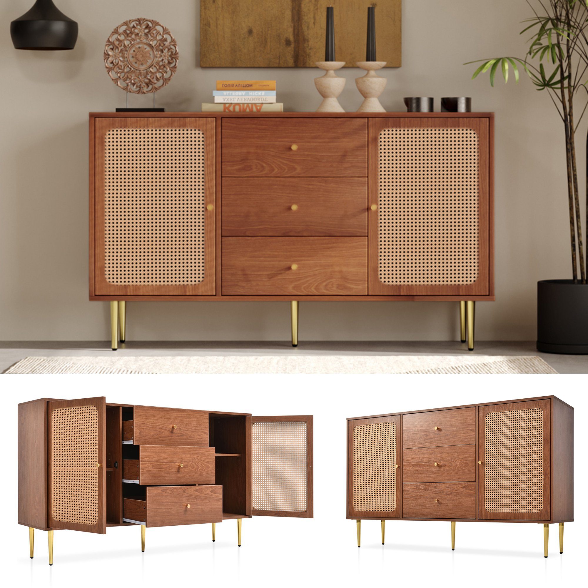 Türen mit geflecht, Holz mit 2 Rattan verstellbare Einlegeböden, Merax und 3 B:150cm Kommode Sideboard Schubladen,