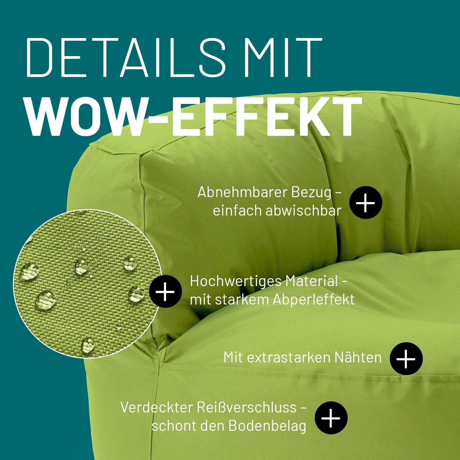 Lumaland grün 90x90x50cm Bean Sitzsack inkl. Bag Couch Outdoor Sitzkissen In-& Rückenlehne Round Sofa Lounge,