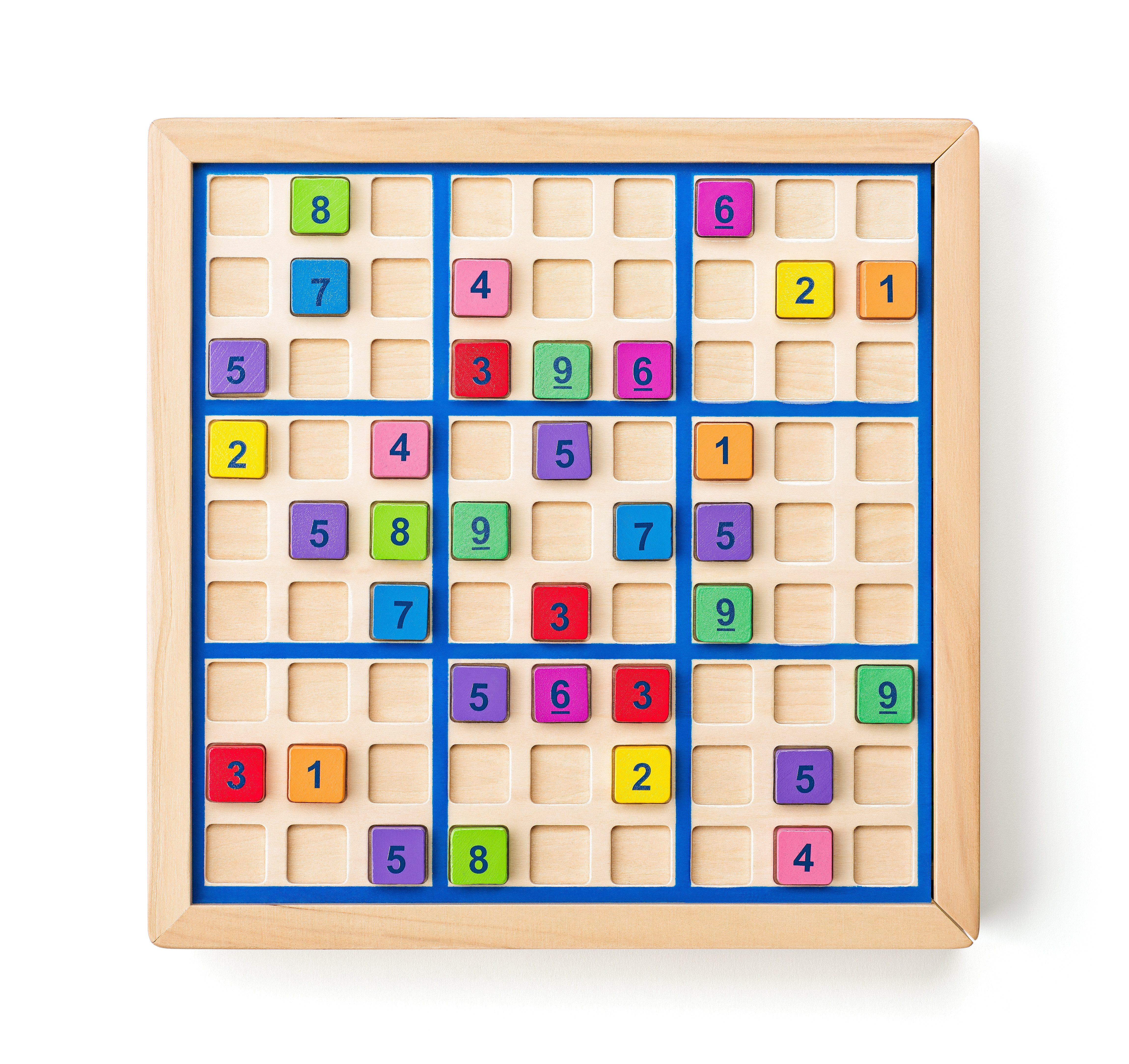 Woodyland Lernspielzeug 92223 Sudoku Brettspiel mit bunten Zahlenplättchen, jede Zahl eine andere Farbe. Ausziehbares Aufbewahrungsfach