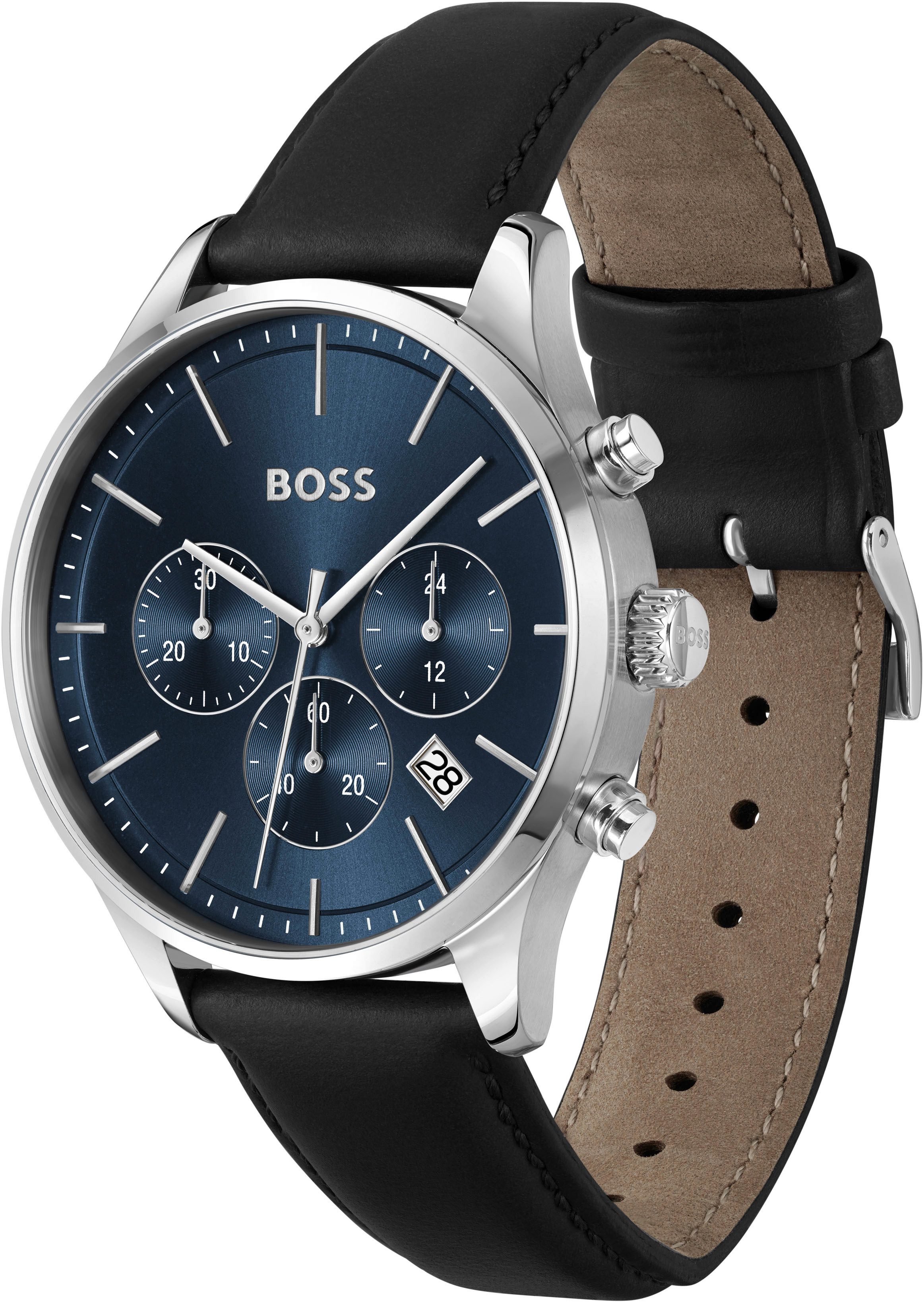 BOSS Chronograph AVERY 1514156, Quarzuhr, Herrenuhr, Armbanduhr, Stoppfunktion, Lederarmband