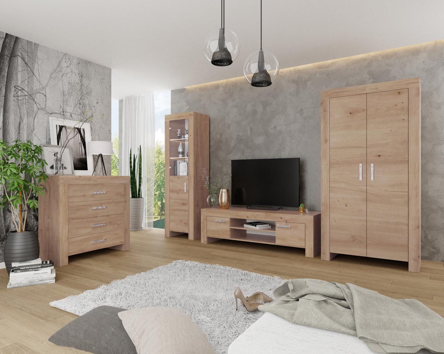 Xlmoebel Wohnwand Traditionelle Wohnwand aus Holz mit Vitrine und Kommode, (4-St., RTV / Schrank / Kommode / Vitrine), Hergestellt in Europa