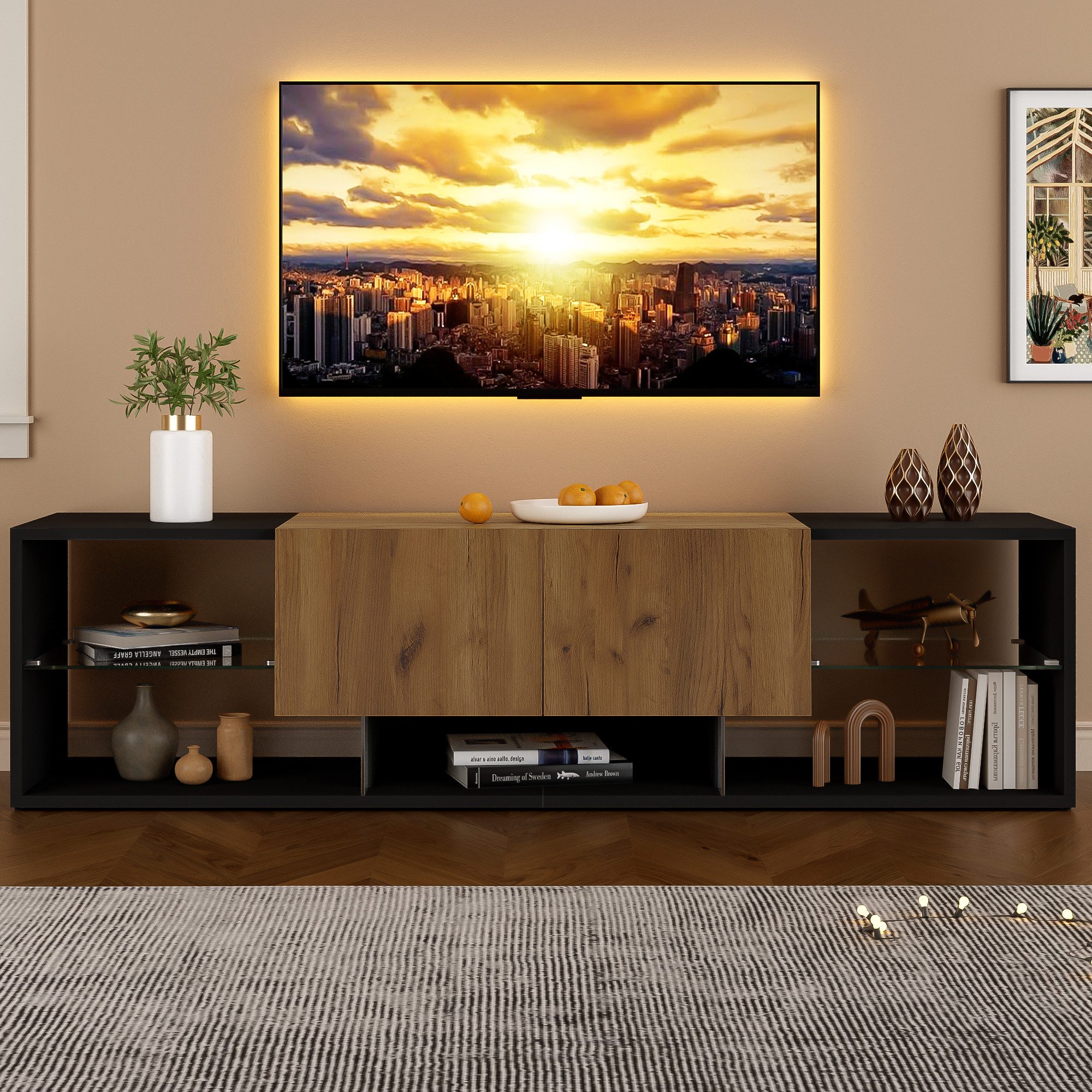 OKWISH Lowboard TV -Konsolenschrank für Fernseher bis zu 70 Zoll (Fernsehschrank, TV-Board, 1 St., Spanplatte), mit Glasplatten-Aufbewahrungsplattform und 2 Schubladen