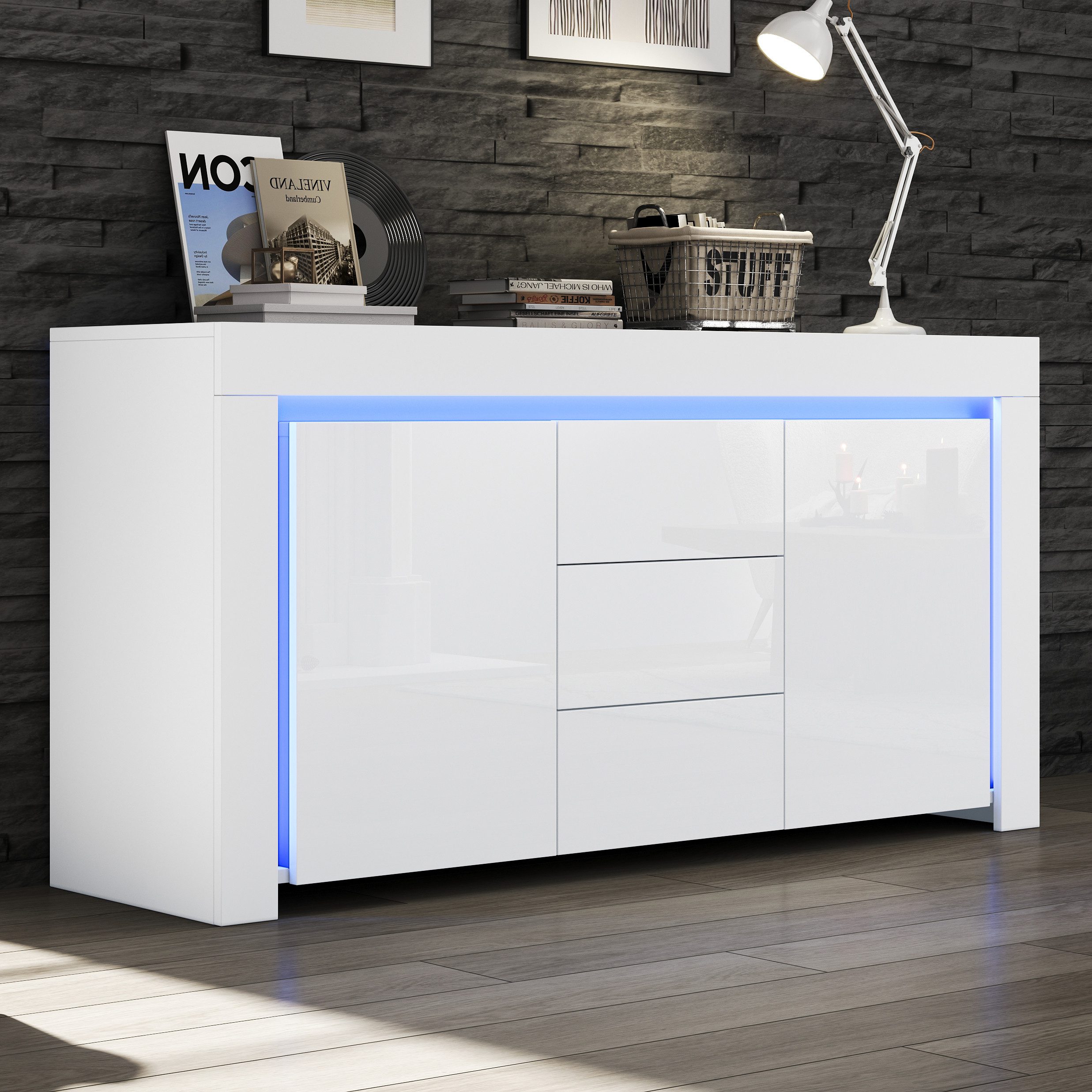 OKWISH Sideboard Hochglanz Beistellschrank mit LED-Lichtleiste (Kommode, Anrichte, Wohnzimmerschrank, 1 St., mit 3 Schubladen,2 Türen), 140*40*65cm