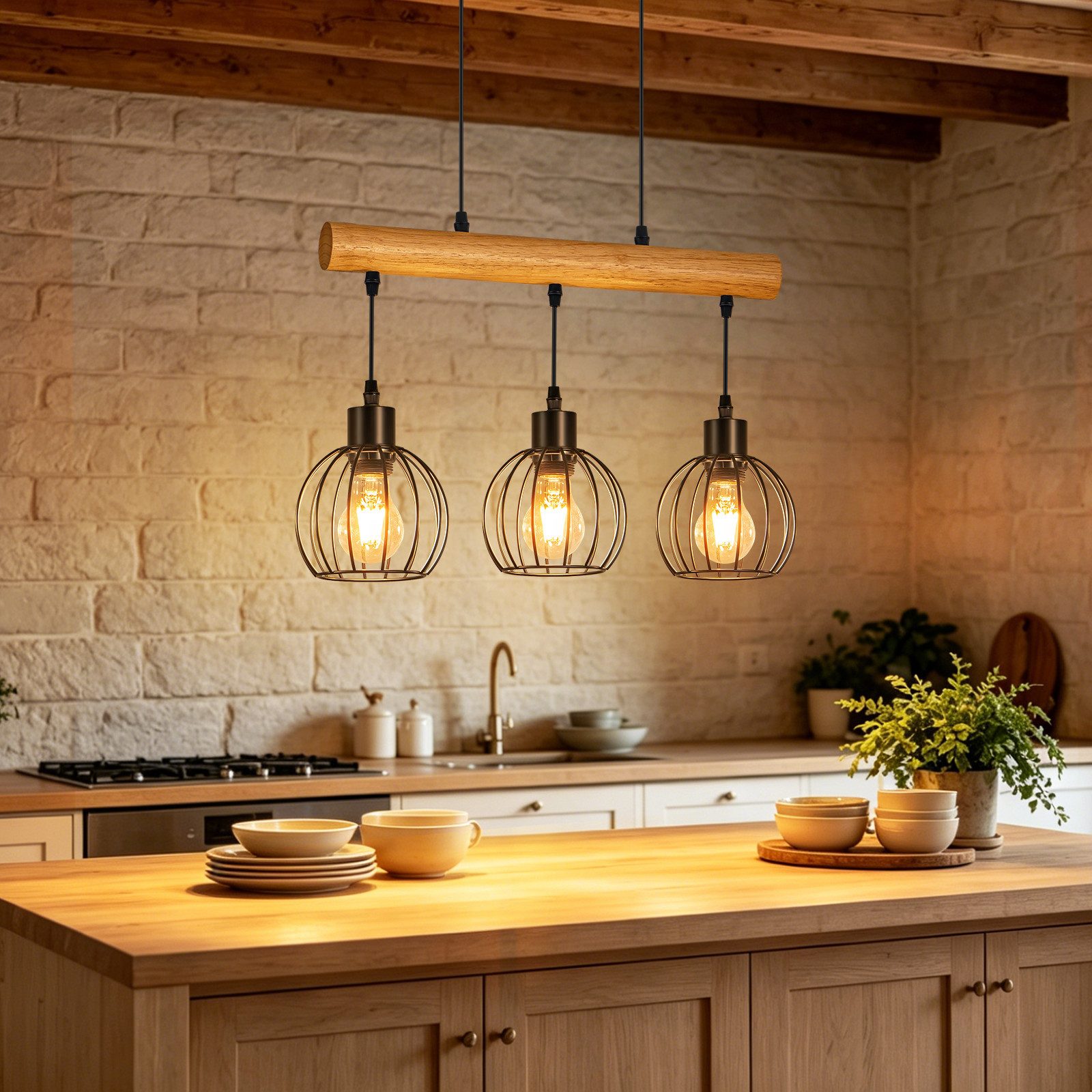 ZMH Pendelleuchte 3-flammig aus Holz und Metall, E27, höhenverstellbare Hängeleuchte, ohne Leuchtmittel, Industrial-Stil für Esstisch und Küche